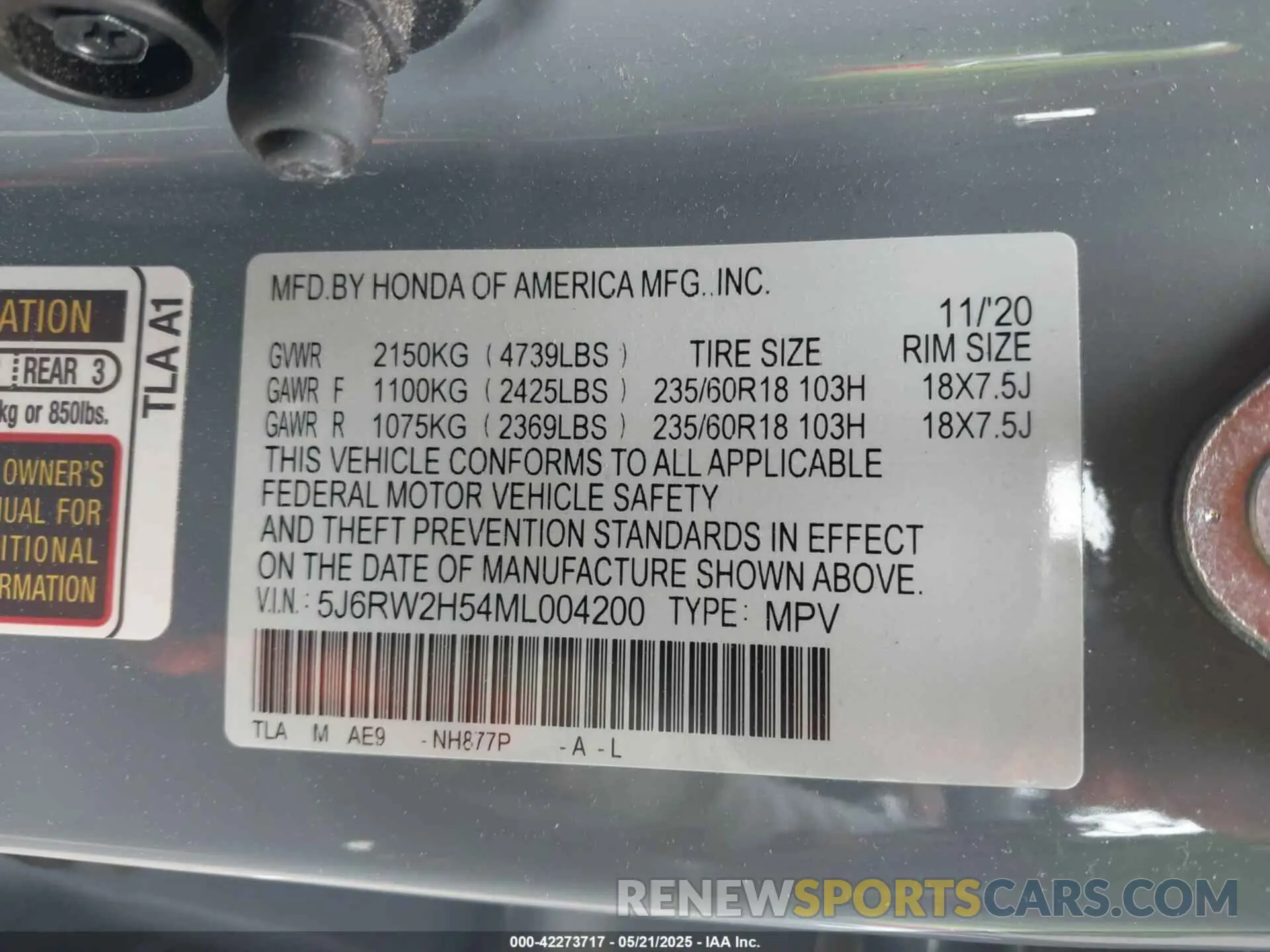9 fotografías del automóvil dañado 5J6RW2H54ML004200 HONDA CR-V 2021