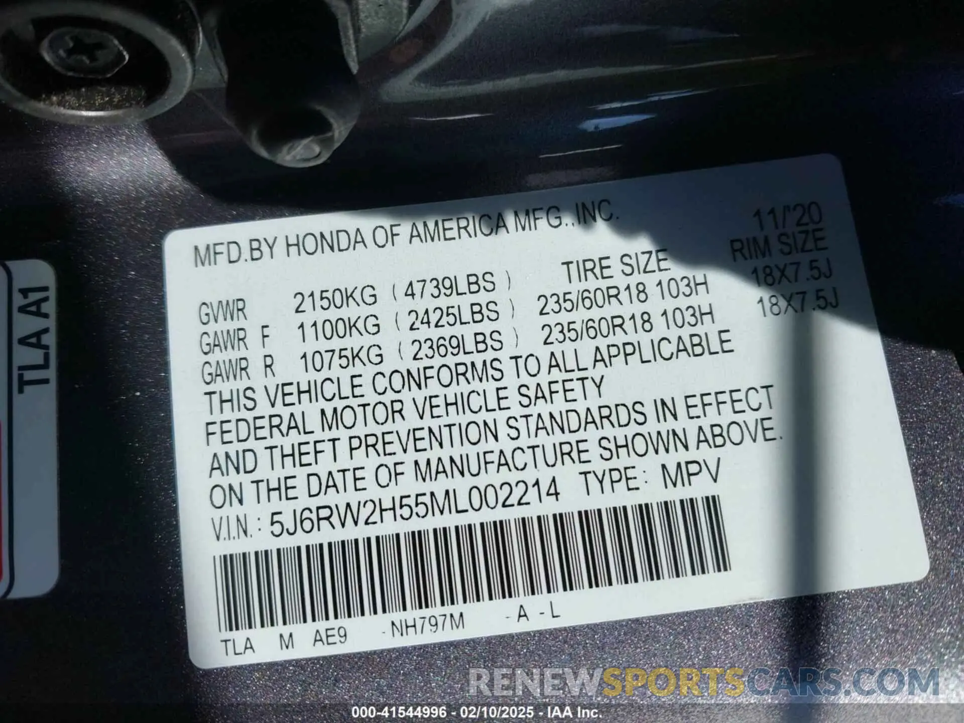 9 fotografías del automóvil dañado 5J6RW2H55ML002214 HONDA CR-V 2021