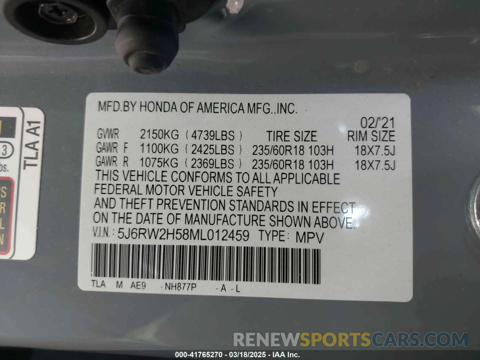 9 fotografías del automóvil dañado 5J6RW2H58ML012459 HONDA CR-V 2021