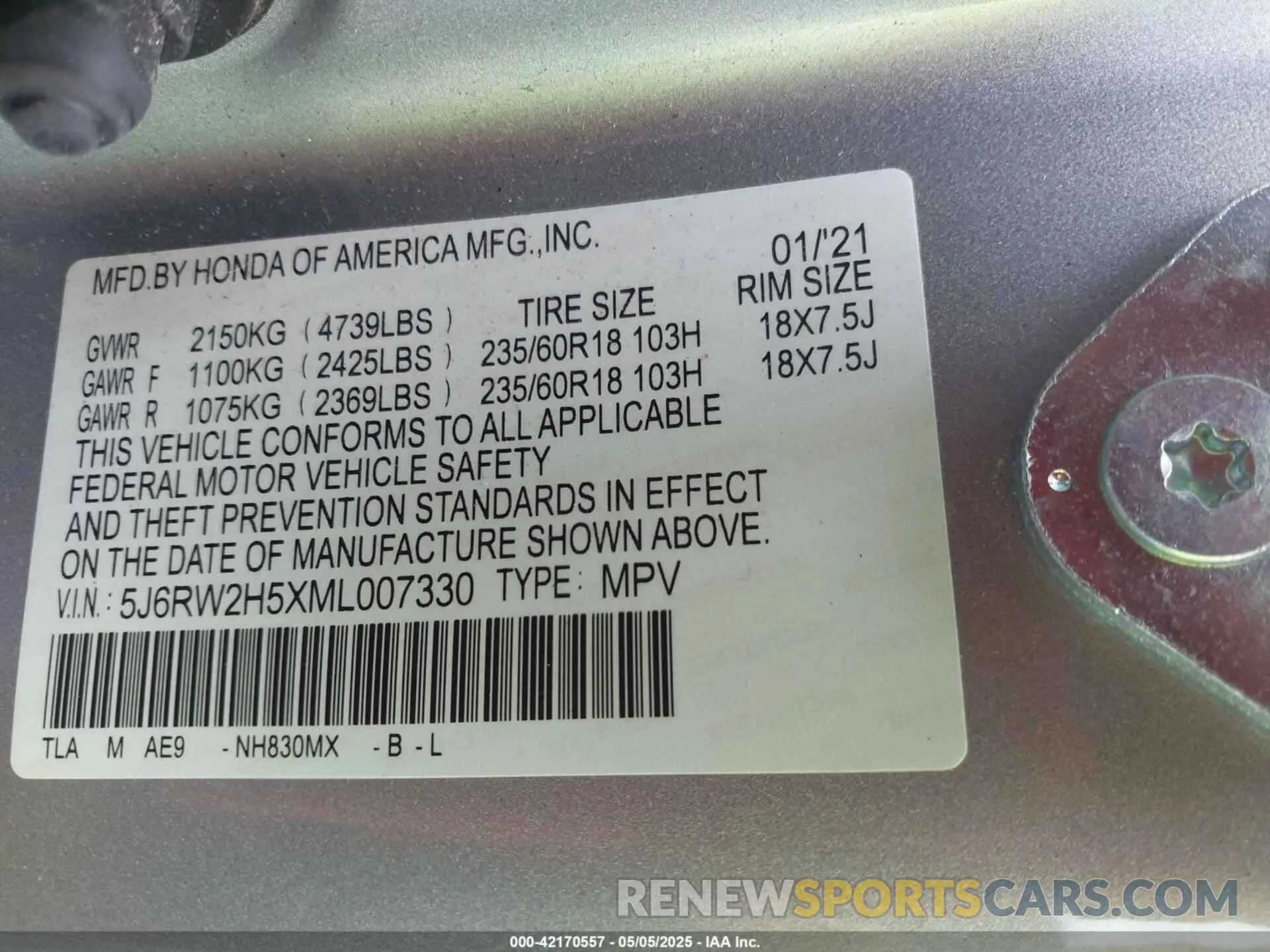 9 fotografías del automóvil dañado 5J6RW2H5XML007330 HONDA CR-V 2021
