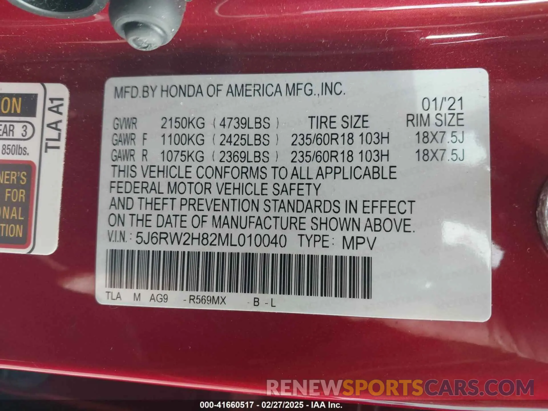 9 fotografías del automóvil dañado 5J6RW2H82ML010040 HONDA CR-V 2021