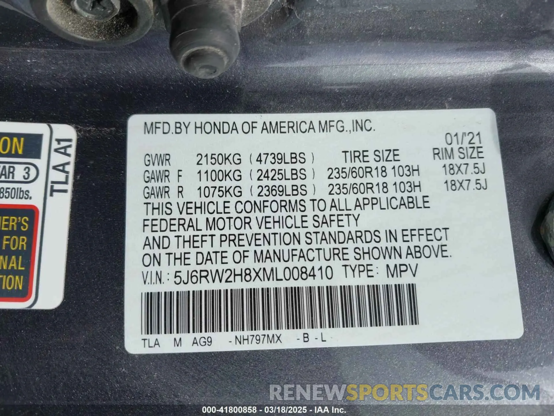 9 fotografías del automóvil dañado 5J6RW2H8XML008410 HONDA CR-V 2021