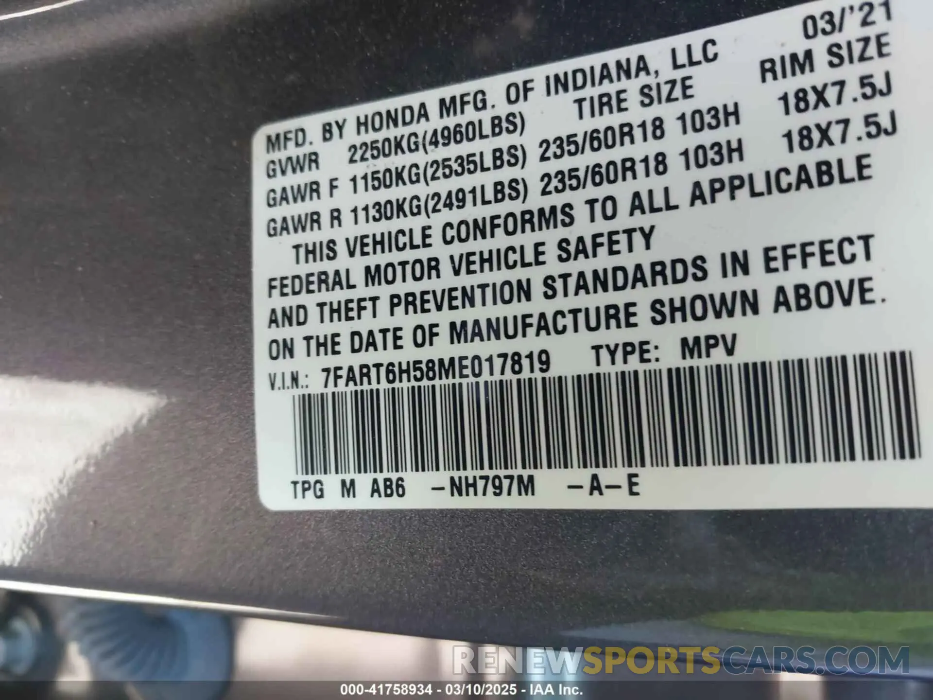 9 fotografías del automóvil dañado 7FART6H58ME017819 HONDA CR-V 2021