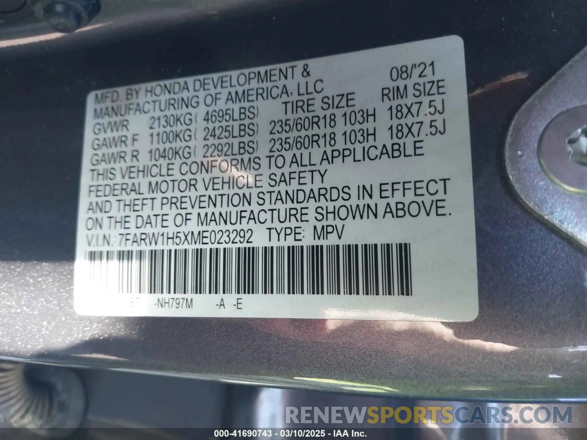 9 fotografías del automóvil dañado 7FARW1H5XME023292 HONDA CR-V 2021