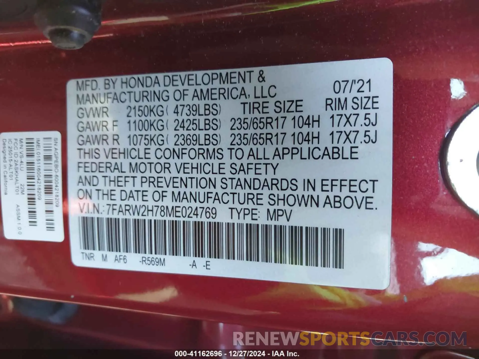 9 fotografías del automóvil dañado 7FARW2H78ME024769 HONDA CR-V 2021