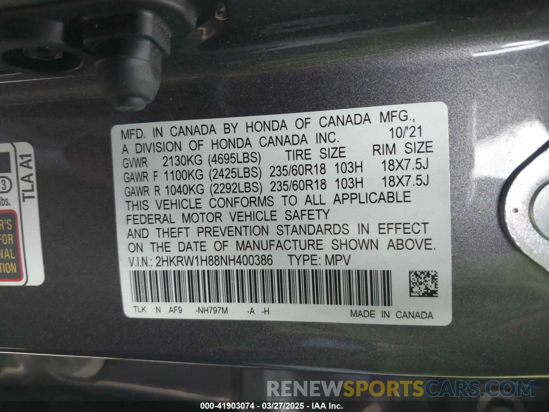 9 fotografías del automóvil dañado 2HKRW1H88NH400386 HONDA CR-V 2022
