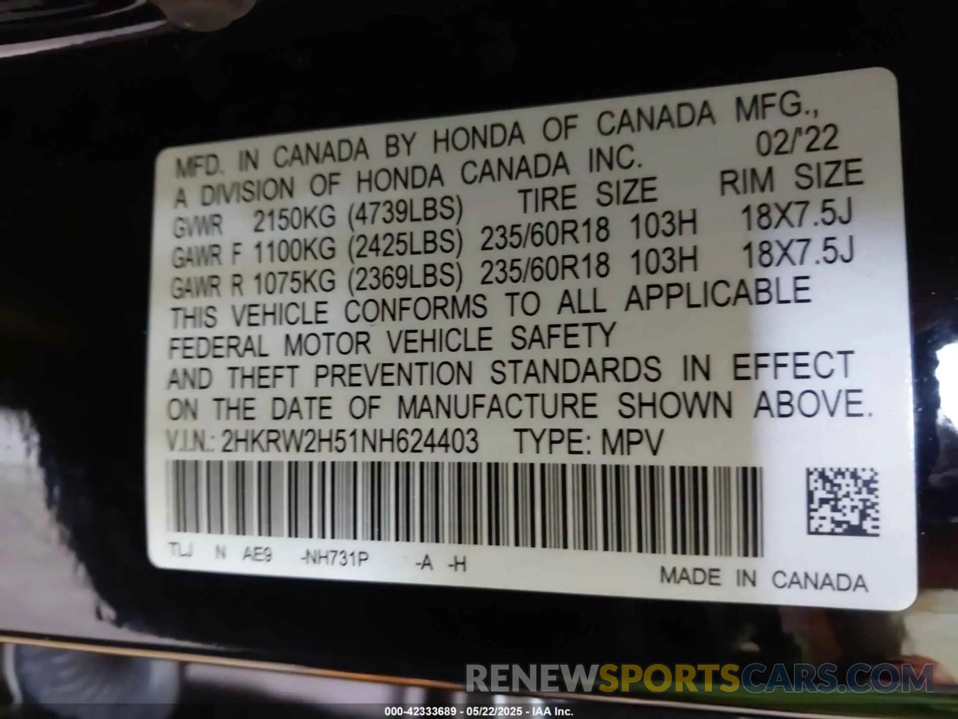 9 fotografías del automóvil dañado 2HKRW2H51NH624403 HONDA CR-V 2022