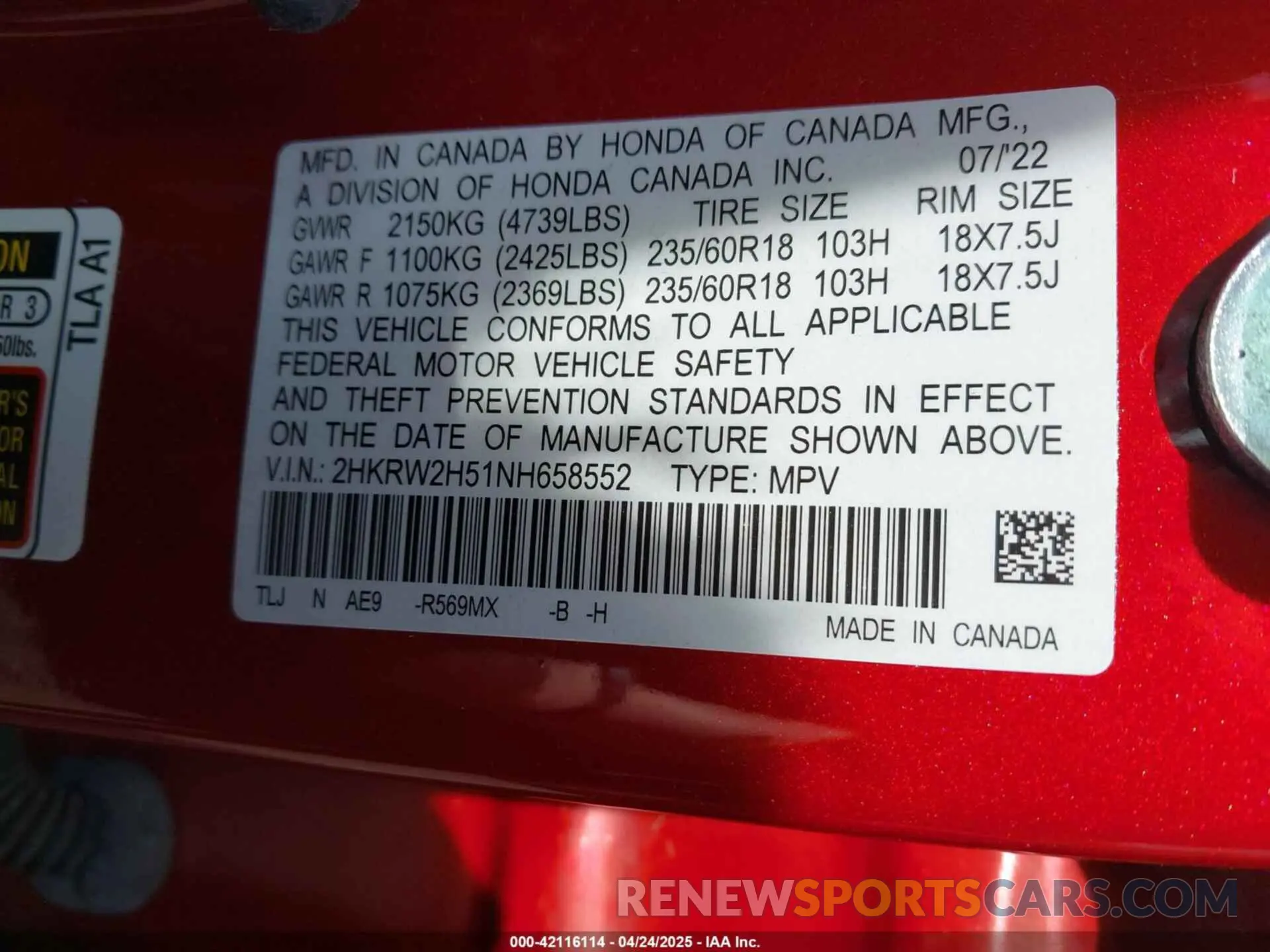9 fotografías del automóvil dañado 2HKRW2H51NH658552 HONDA CR-V 2022