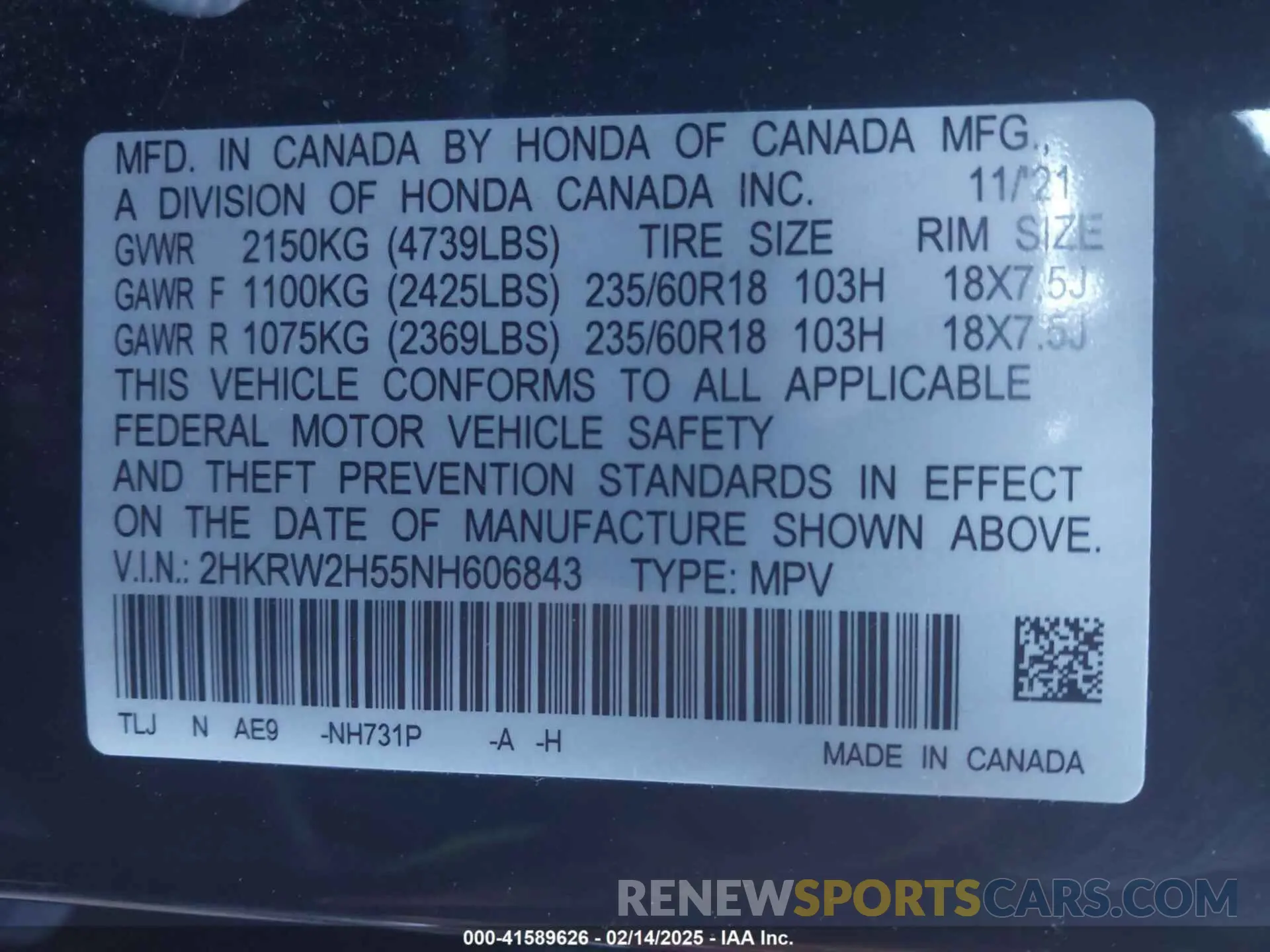 9 fotografías del automóvil dañado 2HKRW2H55NH606843 HONDA CR-V 2022