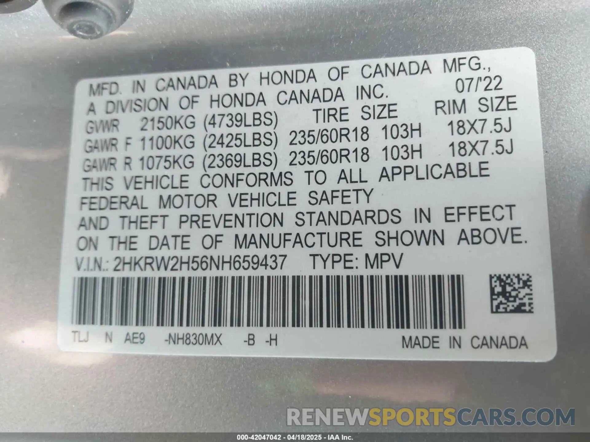 9 fotografías del automóvil dañado 2HKRW2H56NH659437 HONDA CR-V 2022