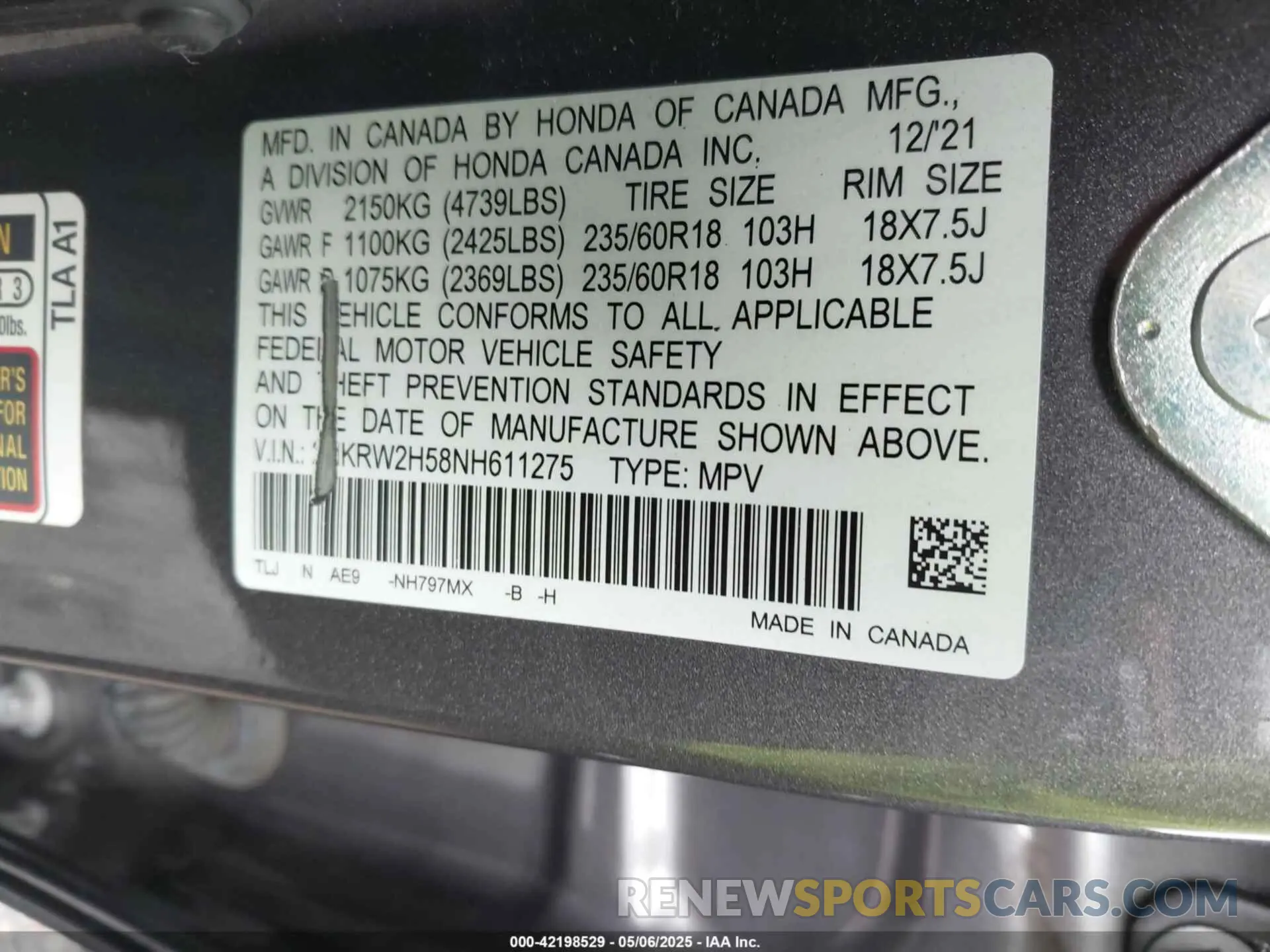 9 fotografías del automóvil dañado 2HKRW2H58NH611275 HONDA CR-V 2022