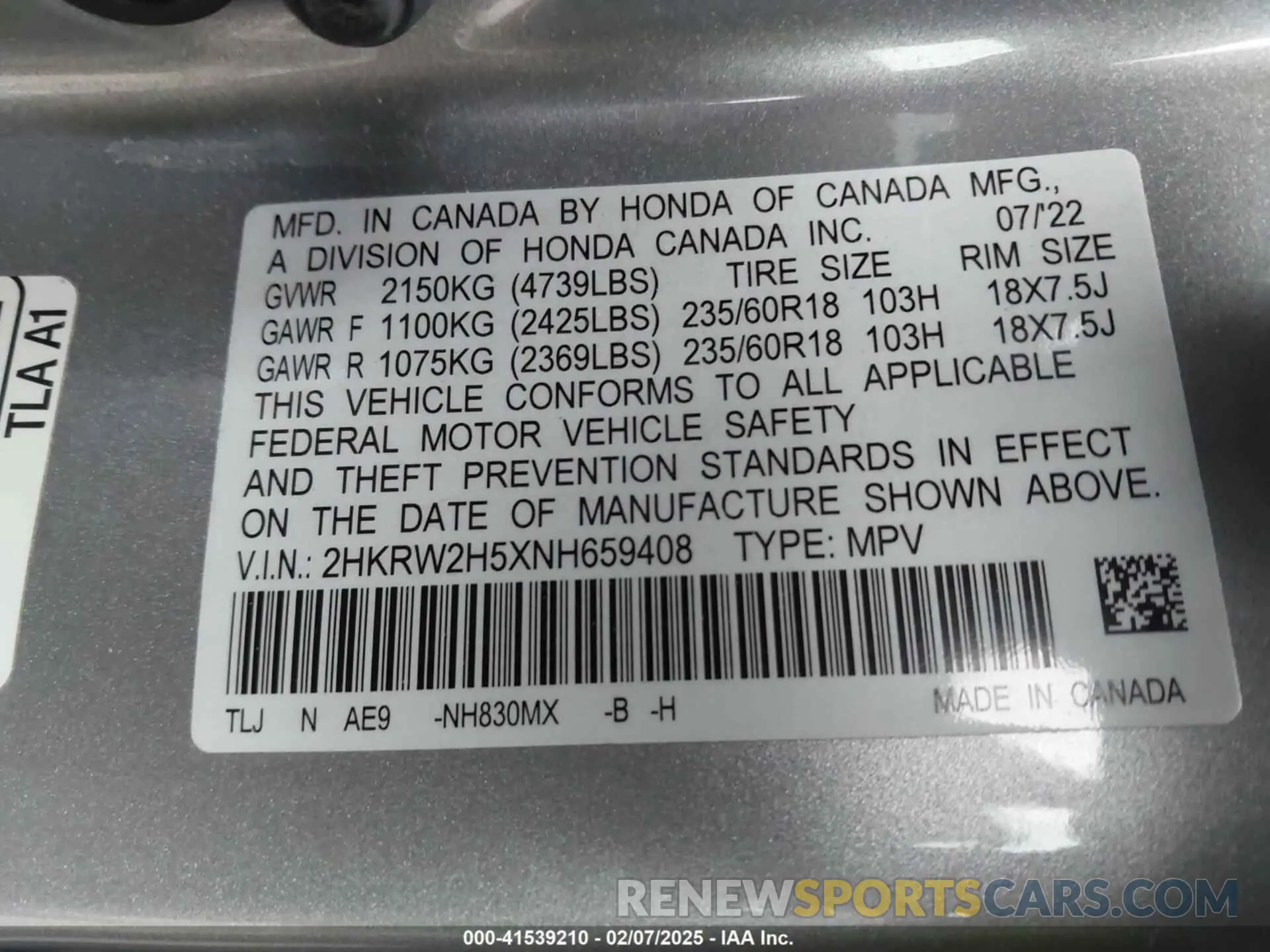 9 fotografías del automóvil dañado 2HKRW2H5XNH659408 HONDA CR-V 2022