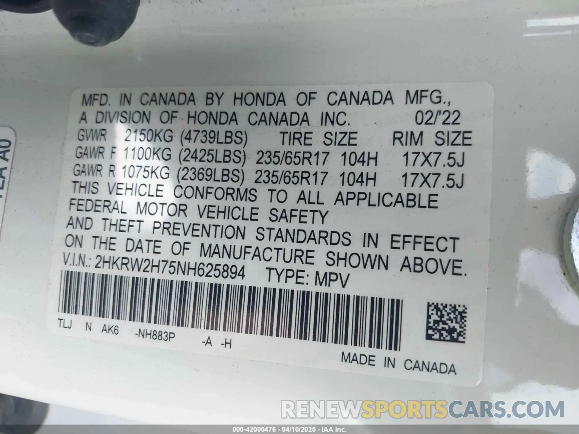 9 fotografías del automóvil dañado 2HKRW2H75NH625894 HONDA CR-V 2022