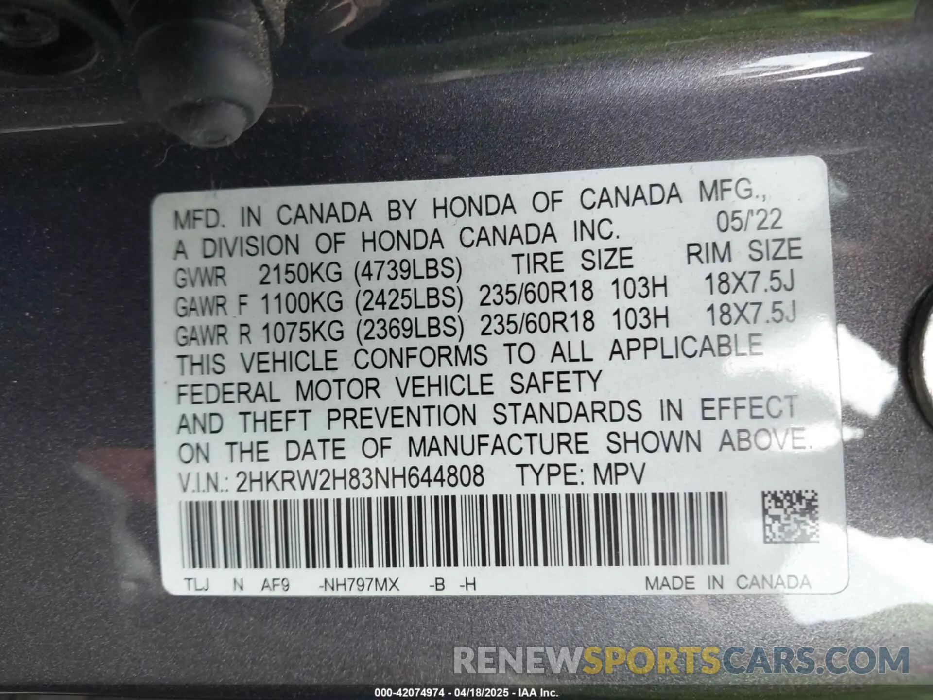 9 fotografías del automóvil dañado 2HKRW2H83NH644808 HONDA CR-V 2022