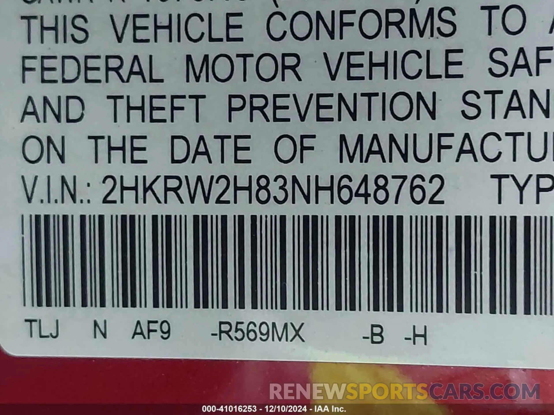 9 fotografías del automóvil dañado 2HKRW2H83NH648762 HONDA CR-V 2022