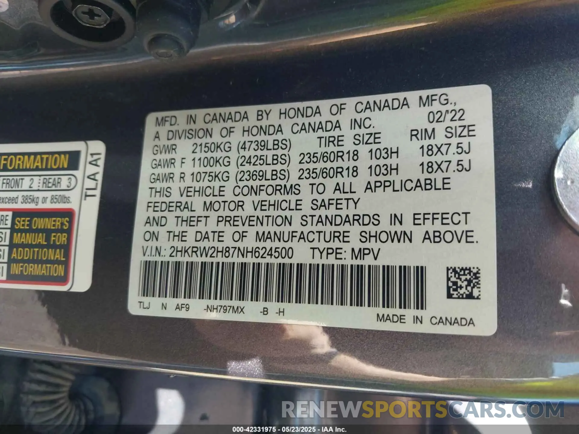 9 fotografías del automóvil dañado 2HKRW2H87NH624500 HONDA CR-V 2022