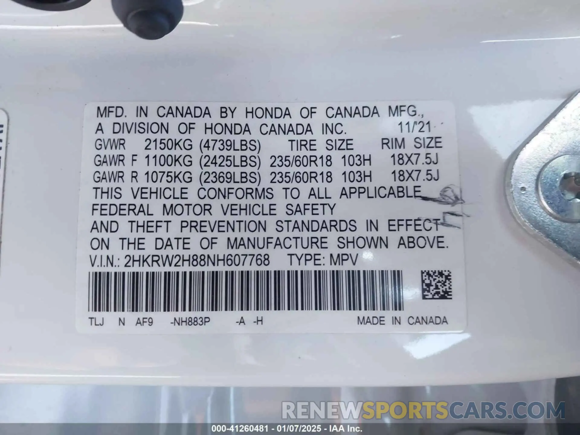 9 fotografías del automóvil dañado 2HKRW2H88NH607768 HONDA CR-V 2022