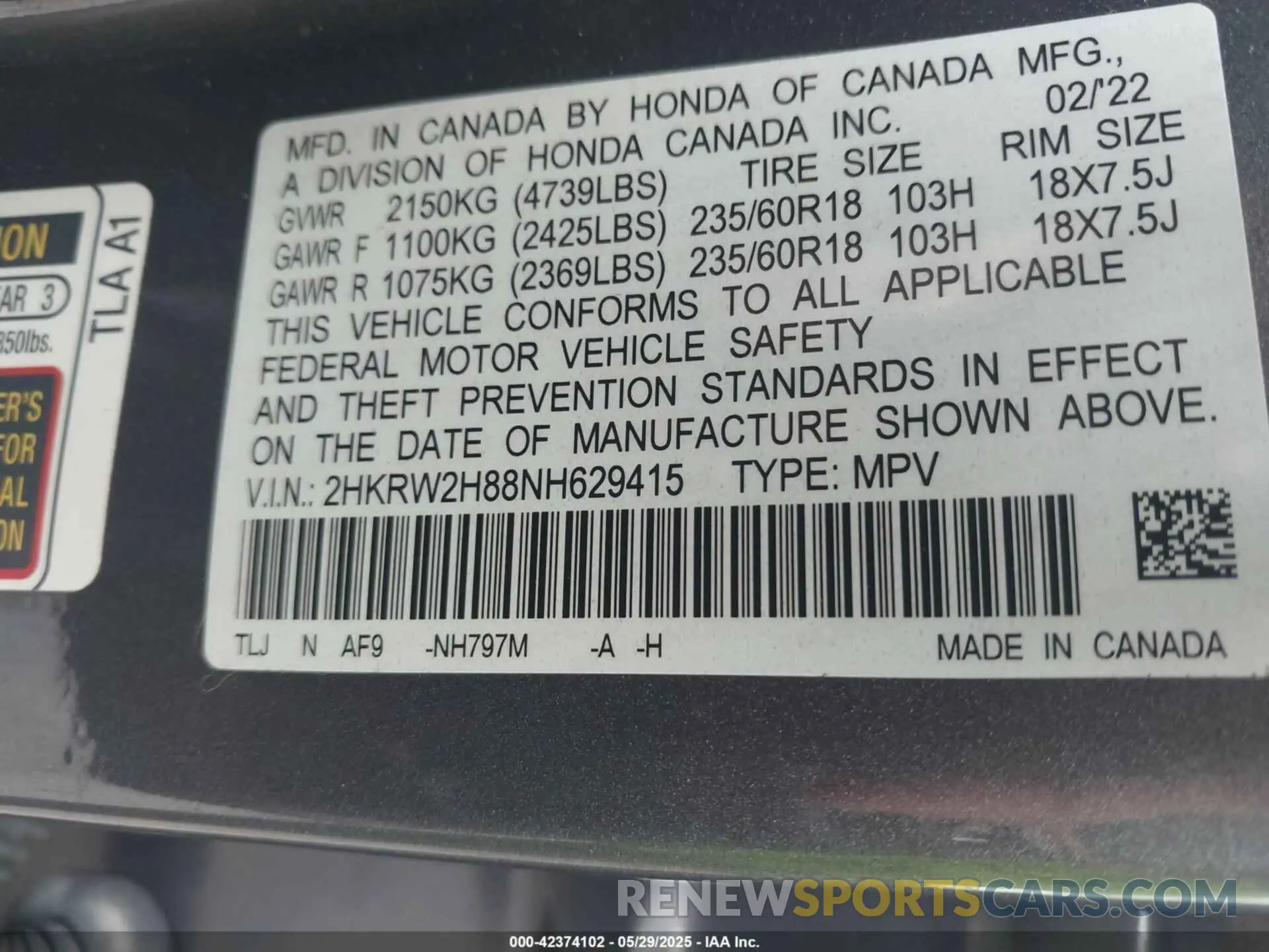 9 fotografías del automóvil dañado 2HKRW2H88NH629415 HONDA CR-V 2022