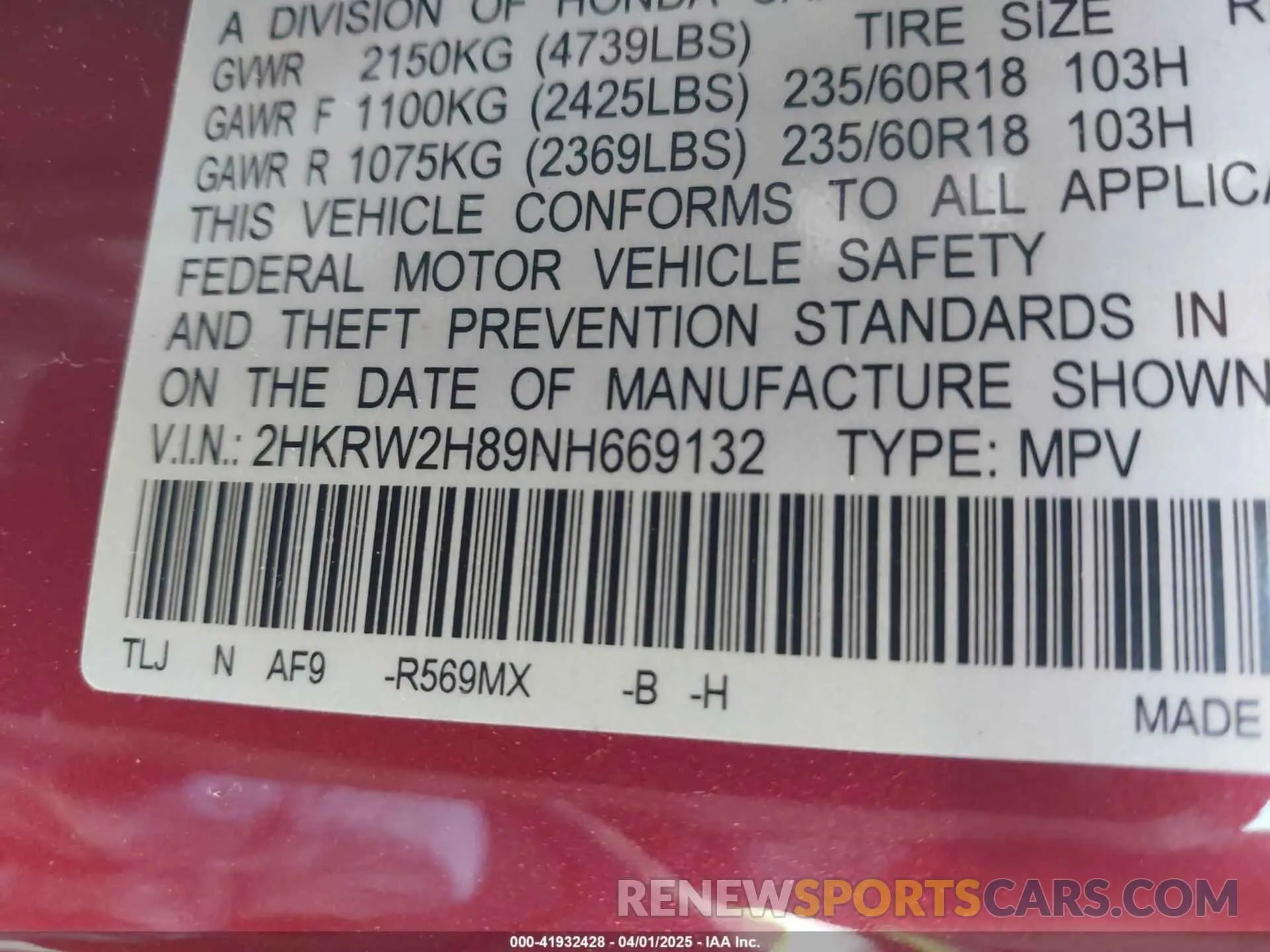 9 fotografías del automóvil dañado 2HKRW2H89NH669132 HONDA CR-V 2022