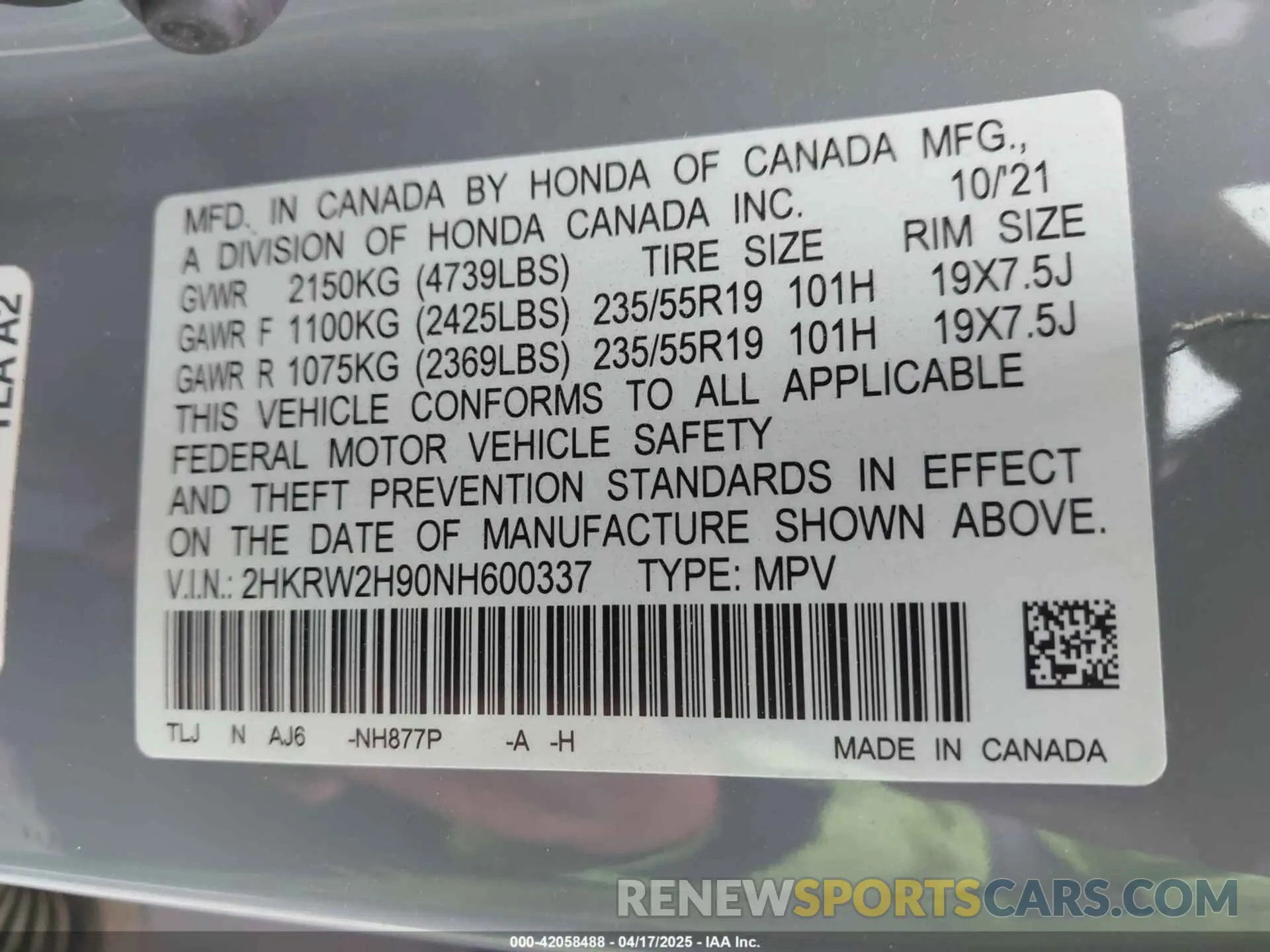 9 fotografías del automóvil dañado 2HKRW2H90NH600337 HONDA CR-V 2022