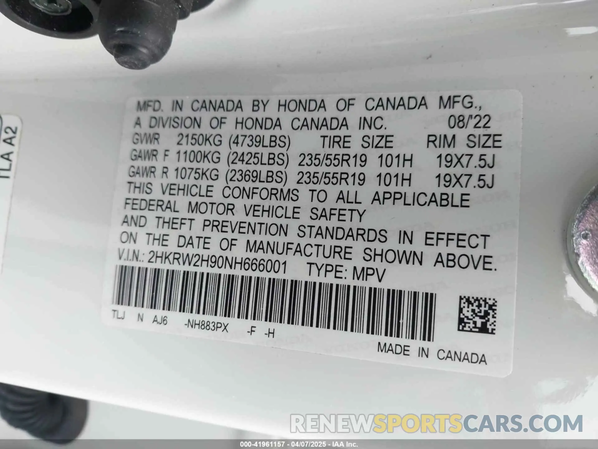 9 fotografías del automóvil dañado 2HKRW2H90NH666001 HONDA CR-V 2022