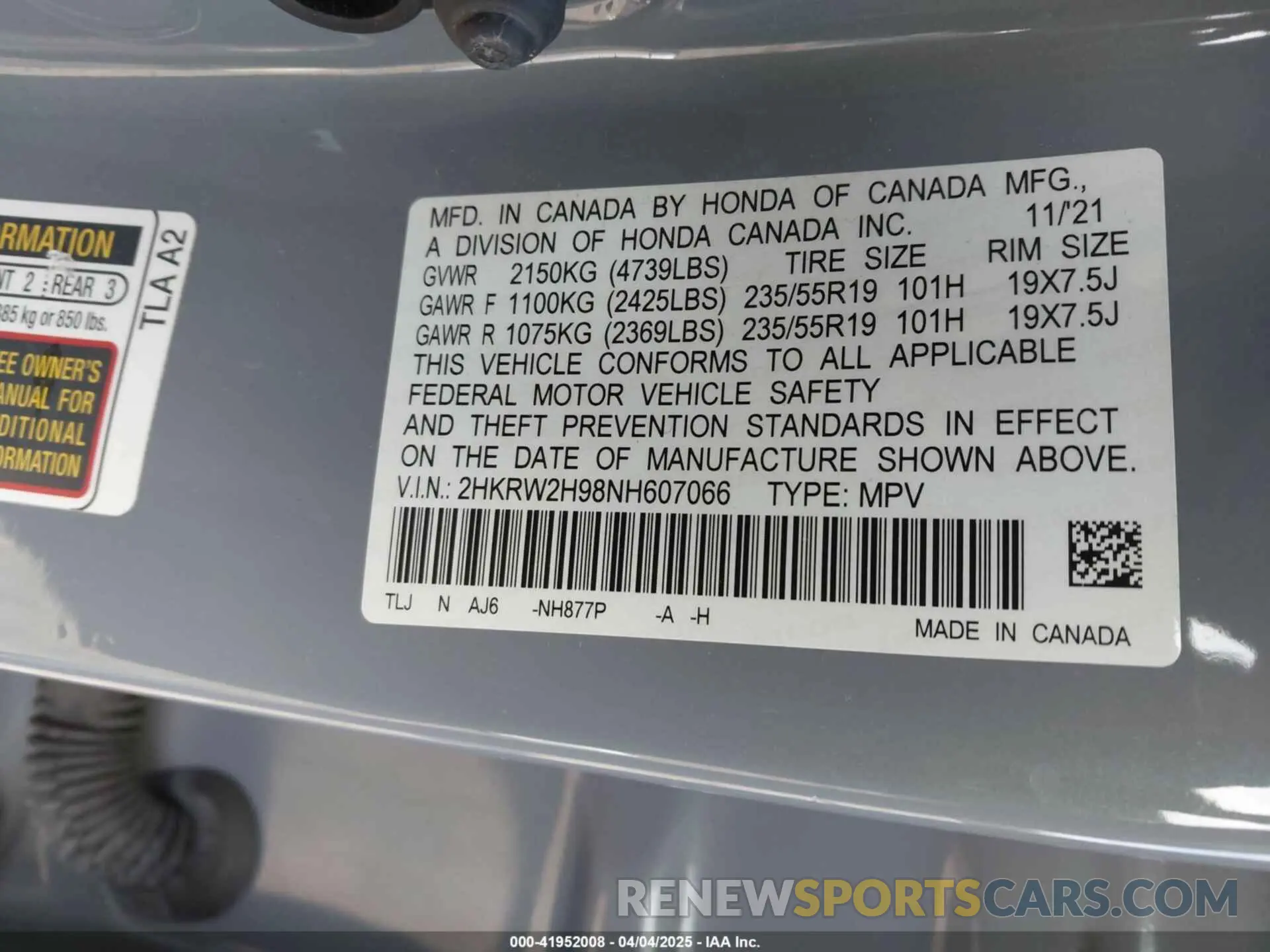 9 fotografías del automóvil dañado 2HKRW2H98NH607066 HONDA CR-V 2022