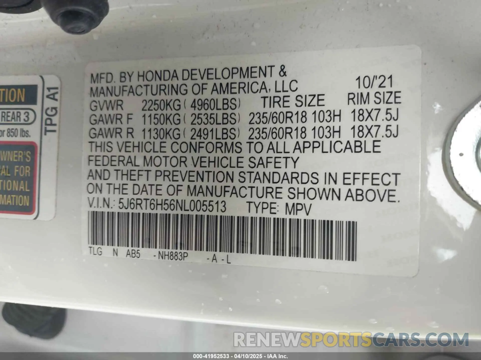 9 fotografías del automóvil dañado 5J6RT6H56NL005513 HONDA CR-V 2022