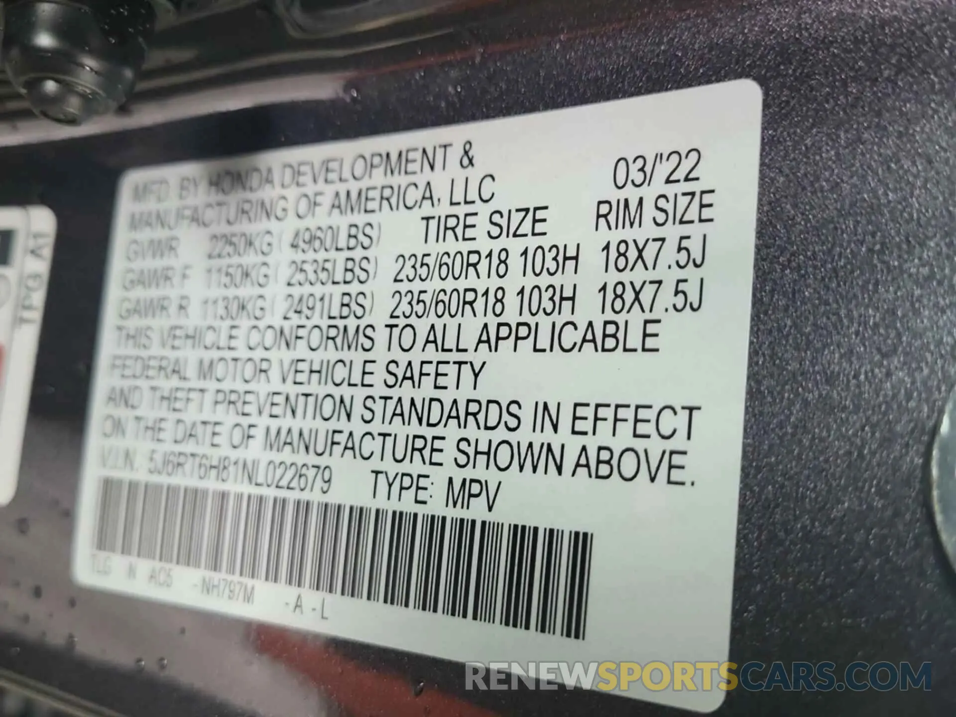 7 fotografías del automóvil dañado 5J6RT6H81NL022679 HONDA CR-V 2022