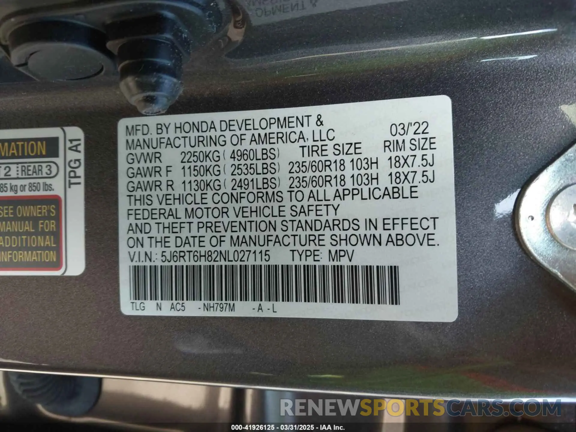 9 fotografías del automóvil dañado 5J6RT6H82NL027115 HONDA CR-V 2022