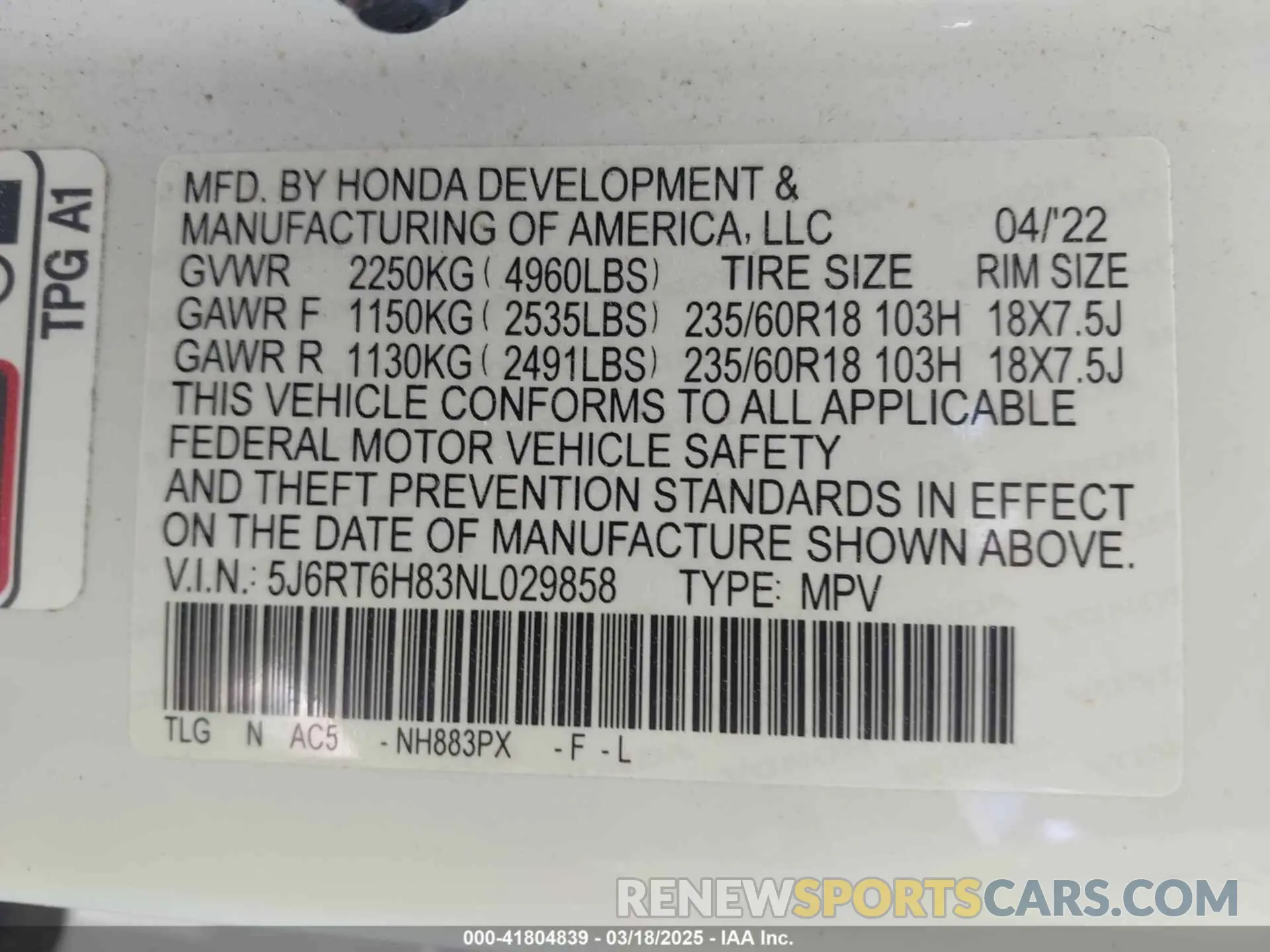9 fotografías del automóvil dañado 5J6RT6H83NL029858 HONDA CR-V 2022