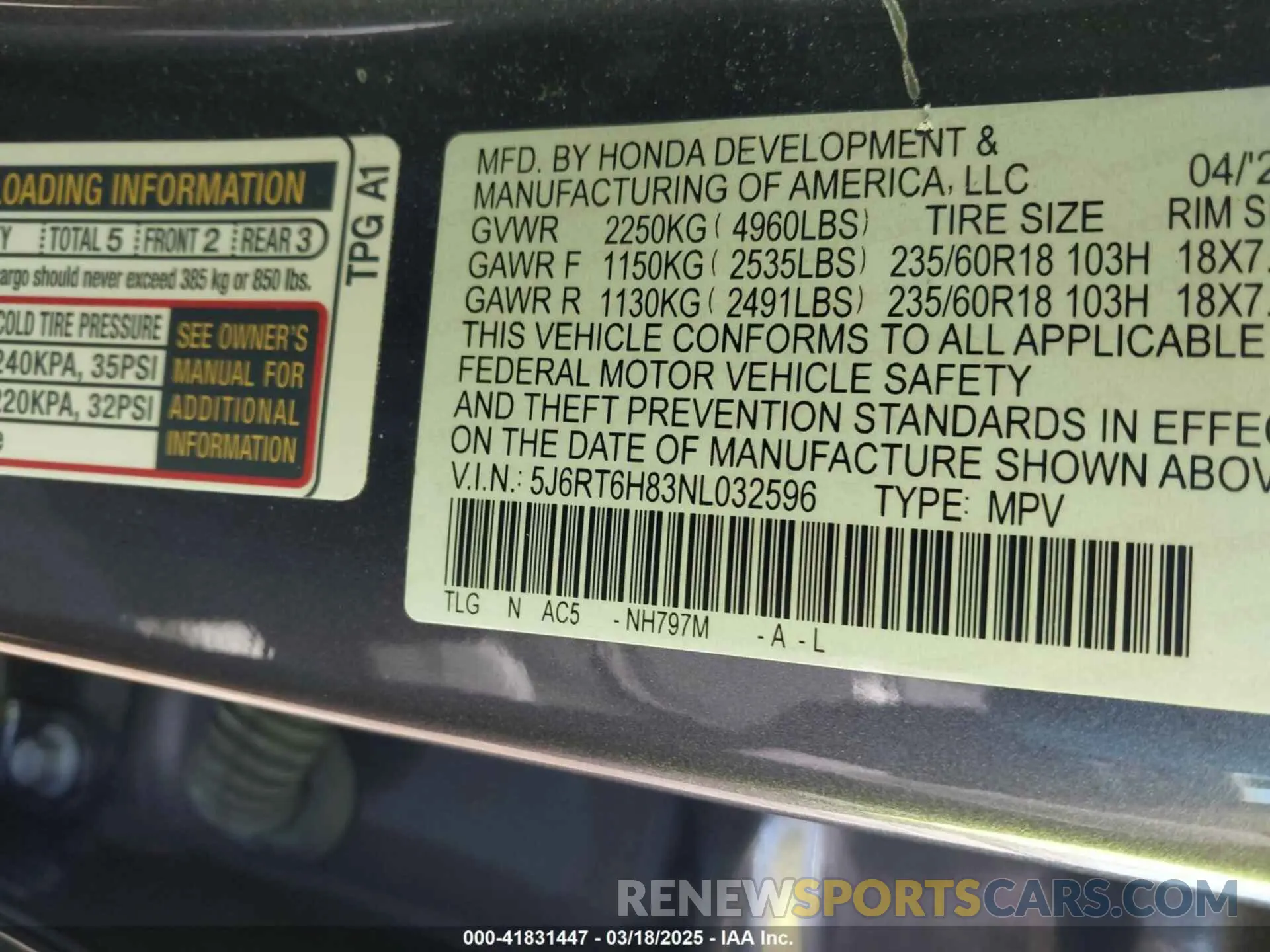 9 fotografías del automóvil dañado 5J6RT6H83NL032596 HONDA CR-V 2022