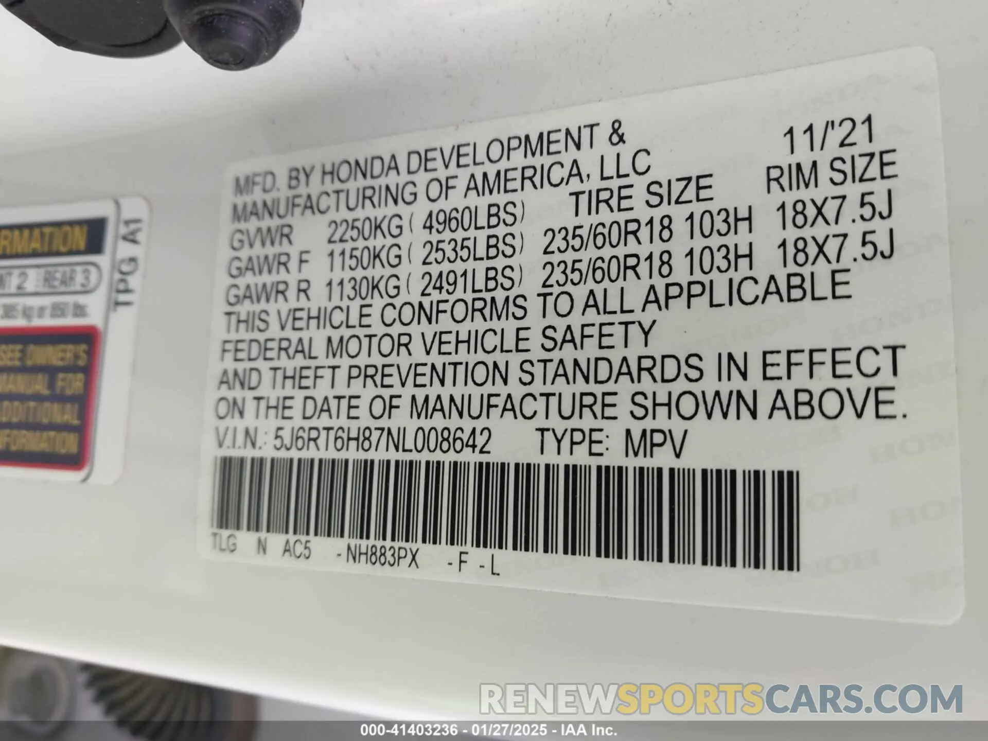 9 fotografías del automóvil dañado 5J6RT6H87NL008642 HONDA CR-V 2022