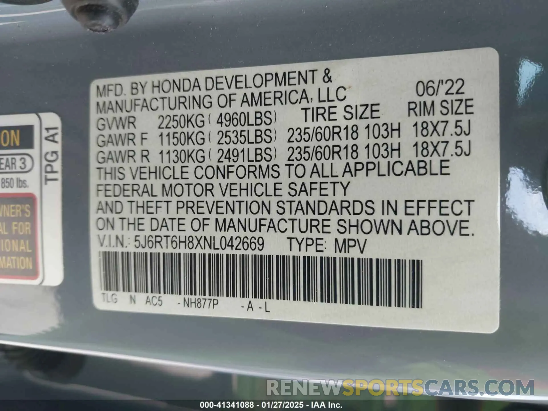 9 fotografías del automóvil dañado 5J6RT6H8XNL042669 HONDA CR-V 2022