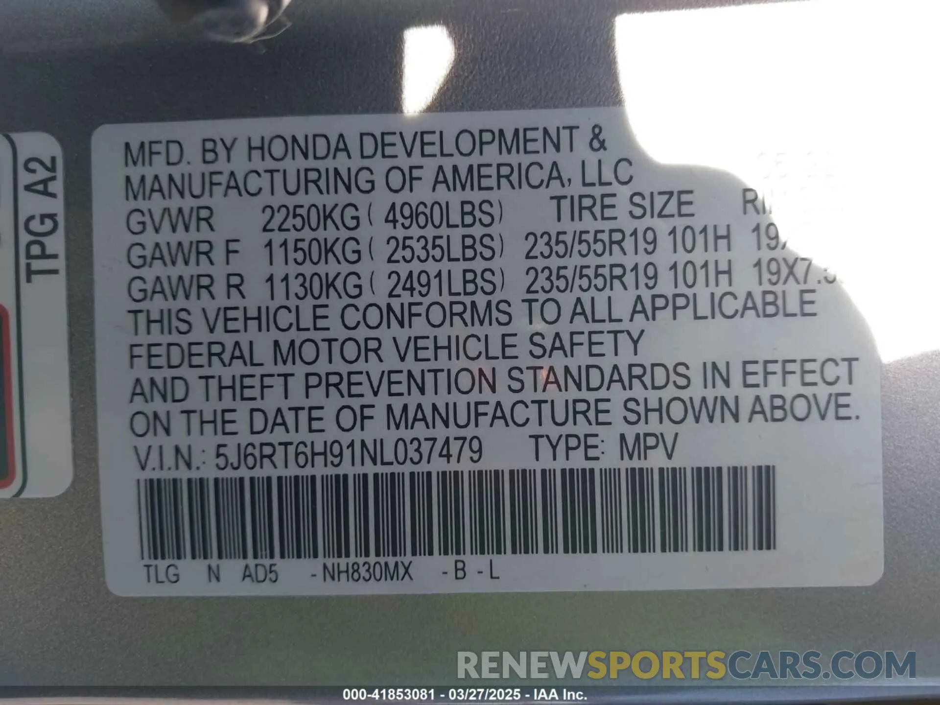 9 fotografías del automóvil dañado 5J6RT6H91NL037479 HONDA CR-V 2022