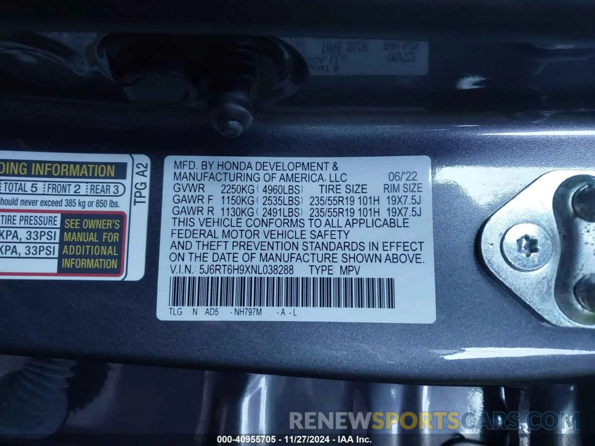 9 fotografías del automóvil dañado 5J6RT6H9XNL038288 HONDA CR-V 2022