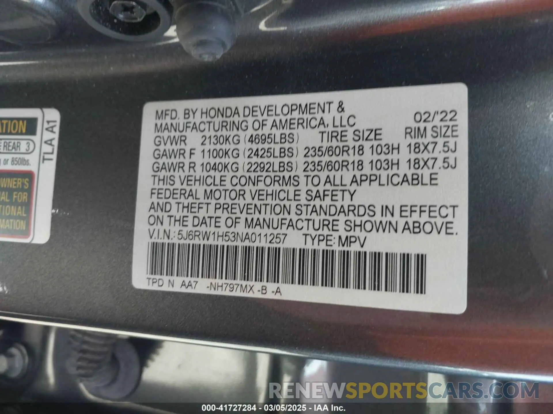 9 fotografías del automóvil dañado 5J6RW1H53NA011257 HONDA CR-V 2022