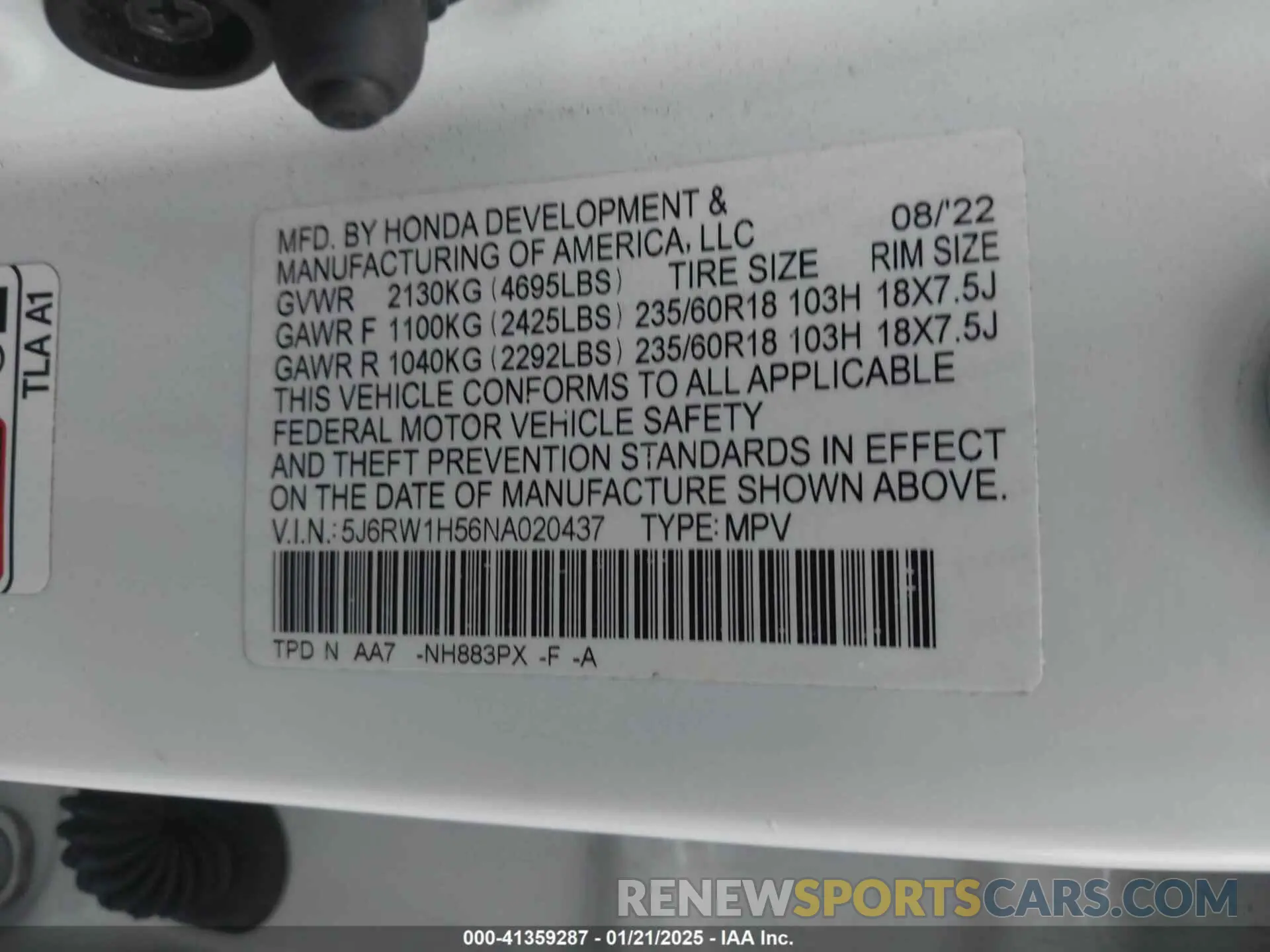 9 fotografías del automóvil dañado 5J6RW1H56NA020437 HONDA CR-V 2022