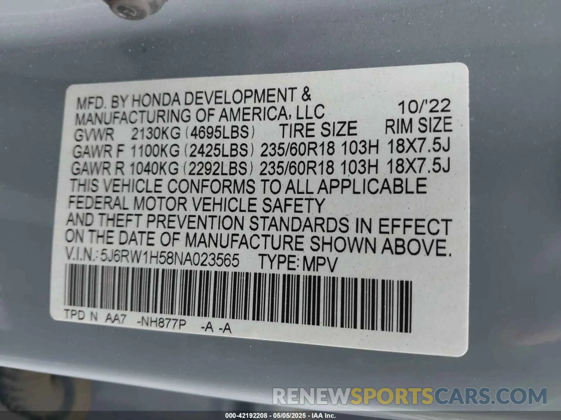 9 fotografías del automóvil dañado 5J6RW1H58NA023565 HONDA CR-V 2022