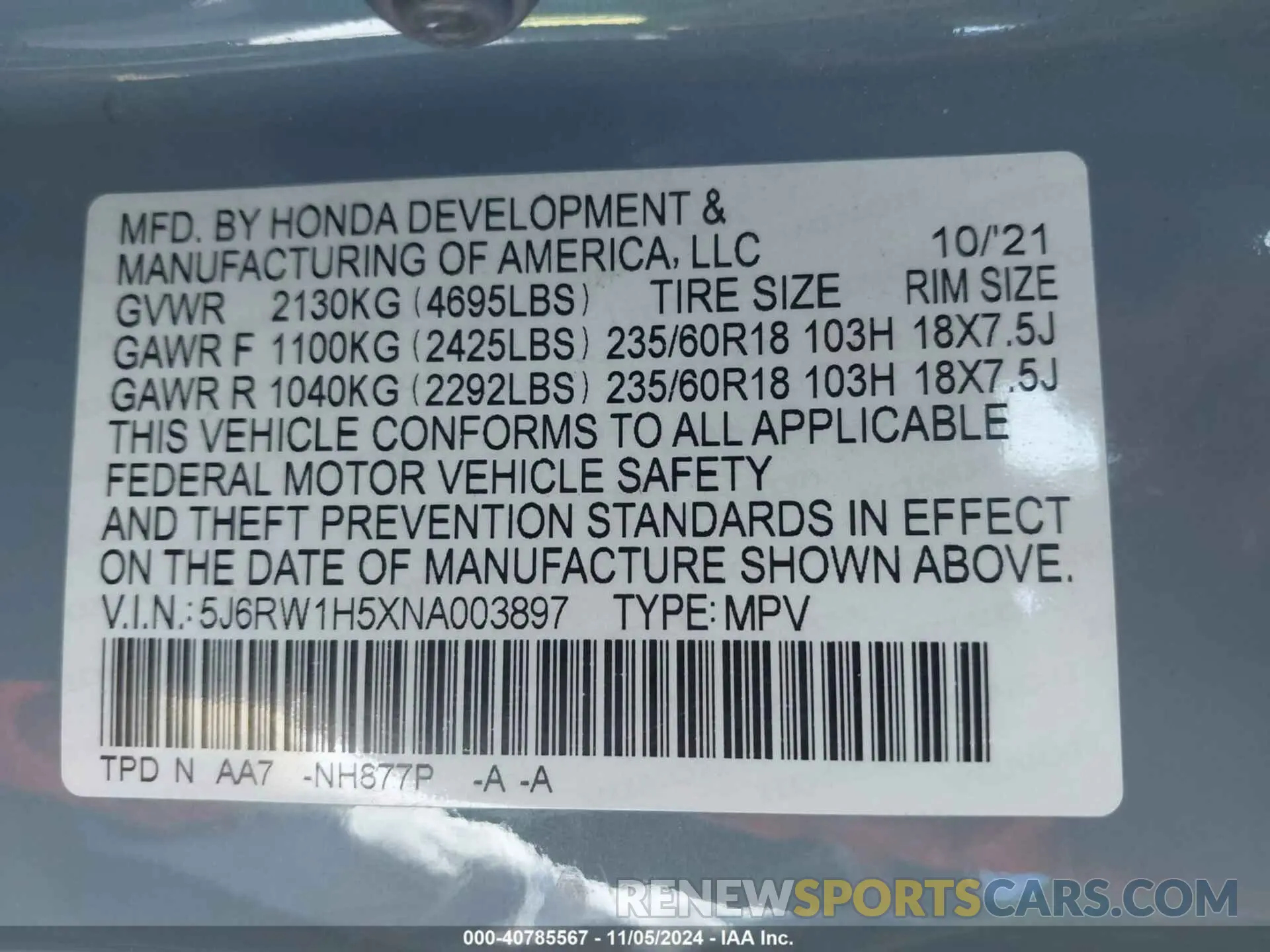 9 fotografías del automóvil dañado 5J6RW1H5XNA003897 HONDA CR-V 2022