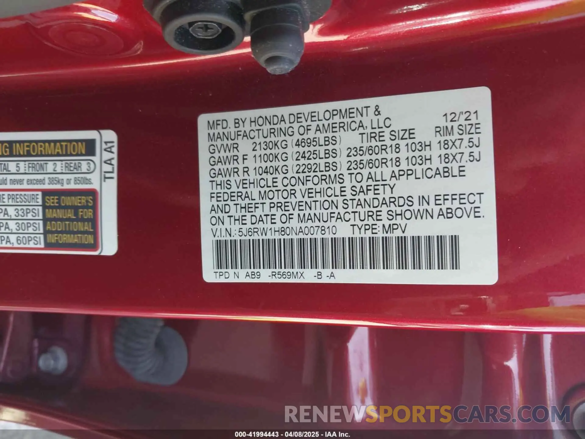 9 fotografías del automóvil dañado 5J6RW1H80NA007810 HONDA CR-V 2022