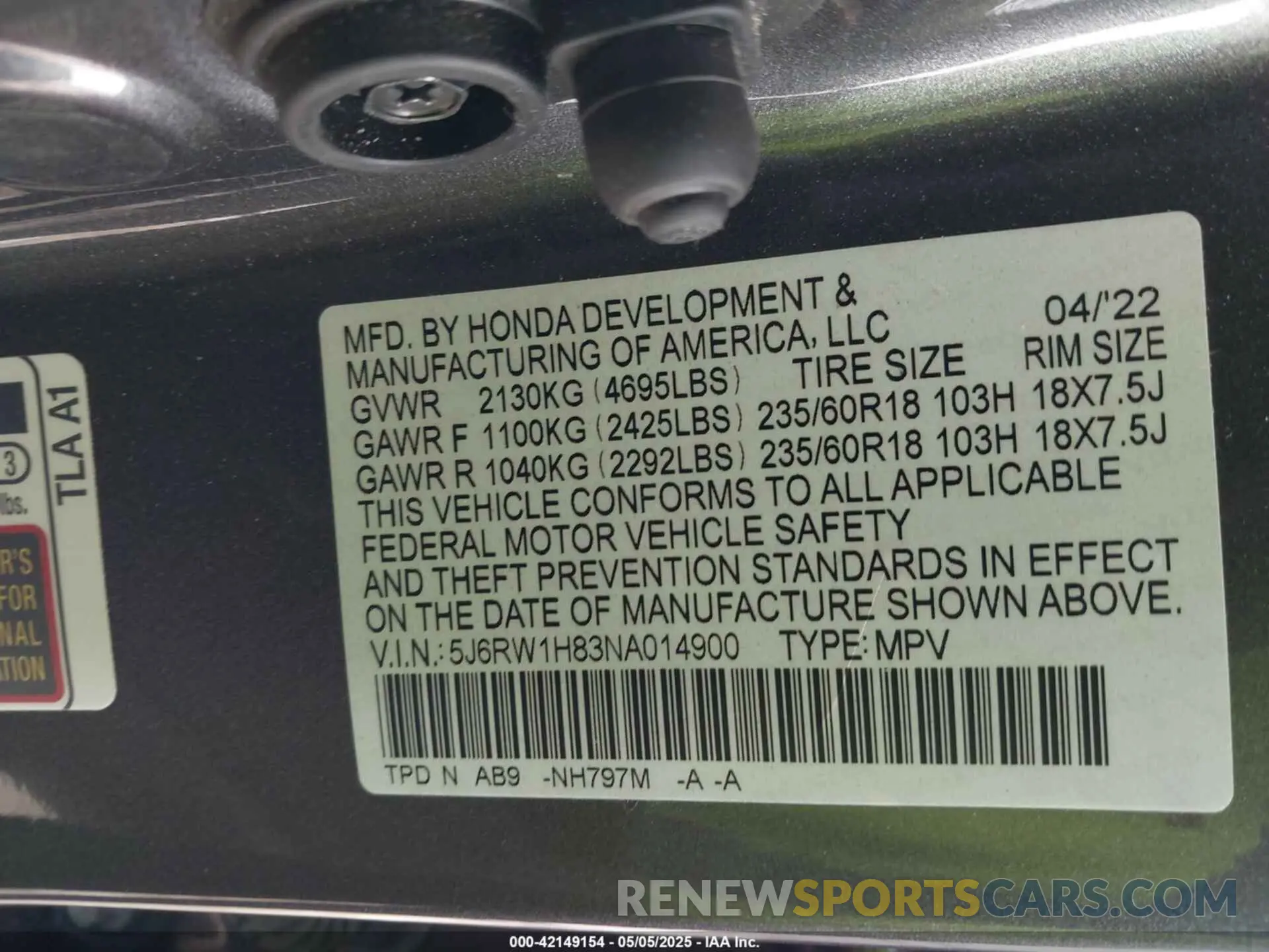 9 fotografías del automóvil dañado 5J6RW1H83NA014900 HONDA CR-V 2022