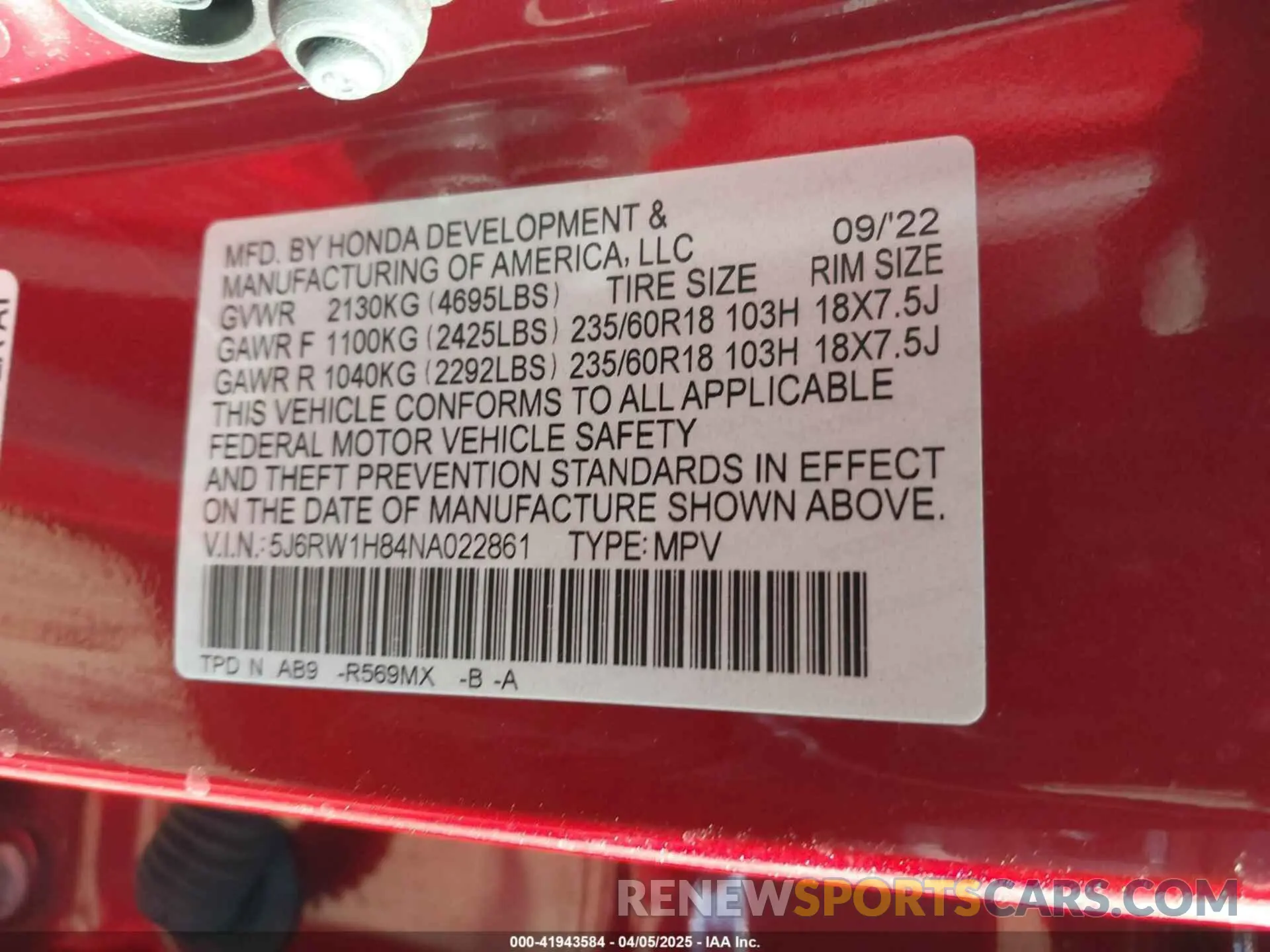 9 fotografías del automóvil dañado 5J6RW1H84NA022861 HONDA CR-V 2022