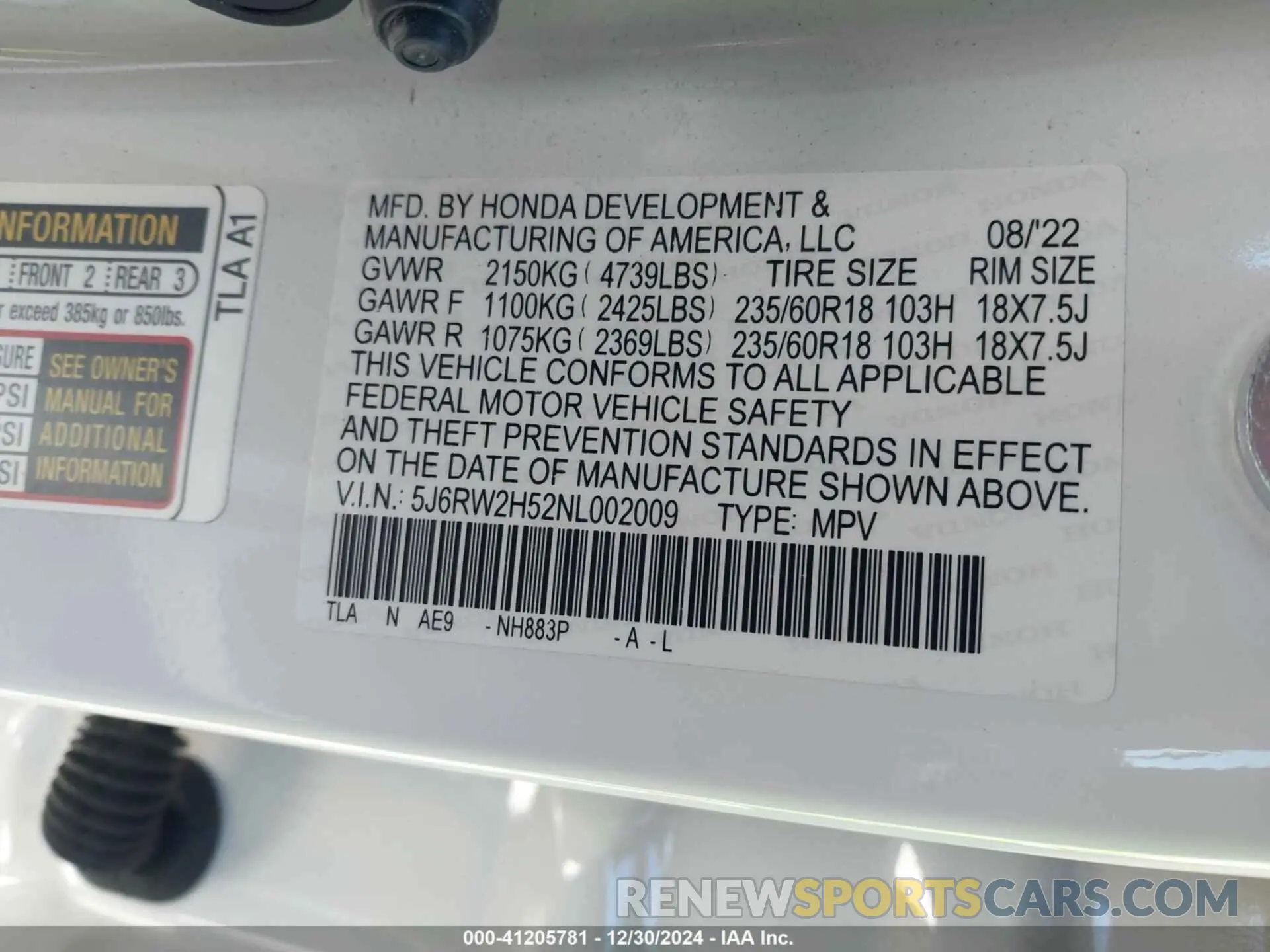 9 fotografías del automóvil dañado 5J6RW2H52NL002009 HONDA CR-V 2022