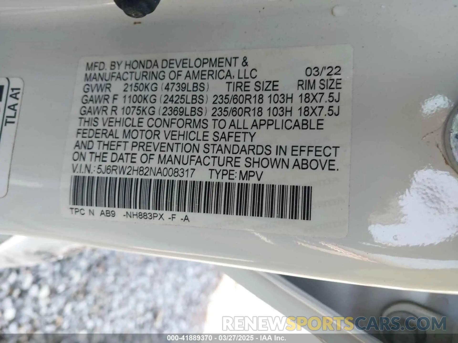 9 fotografías del automóvil dañado 5J6RW2H82NA008317 HONDA CR-V 2022