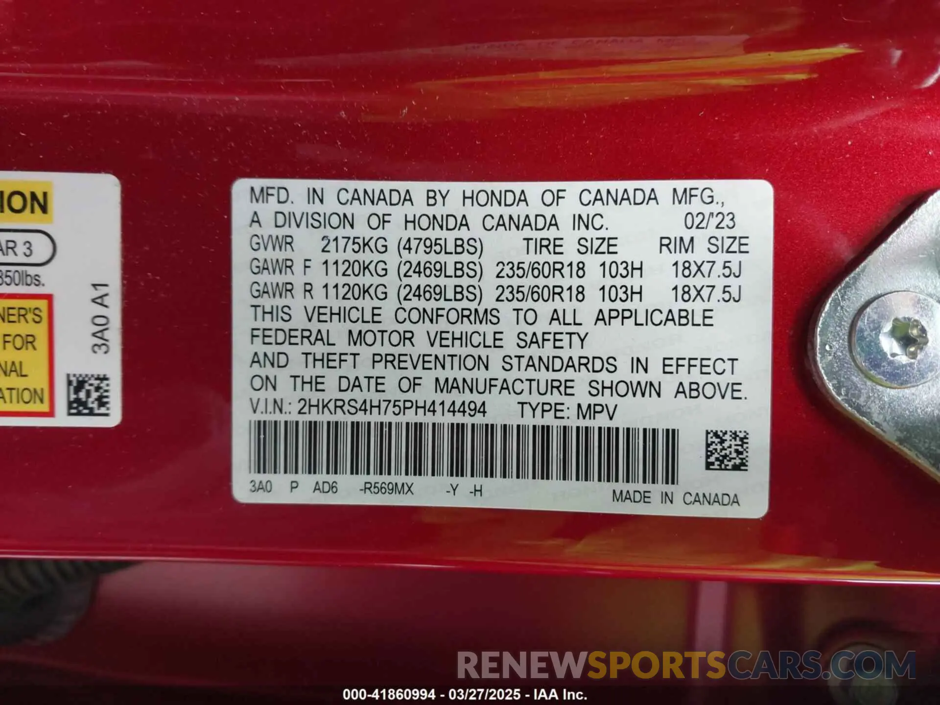 9 fotografías del automóvil dañado 2HKRS4H75PH414494 HONDA CR-V 2023