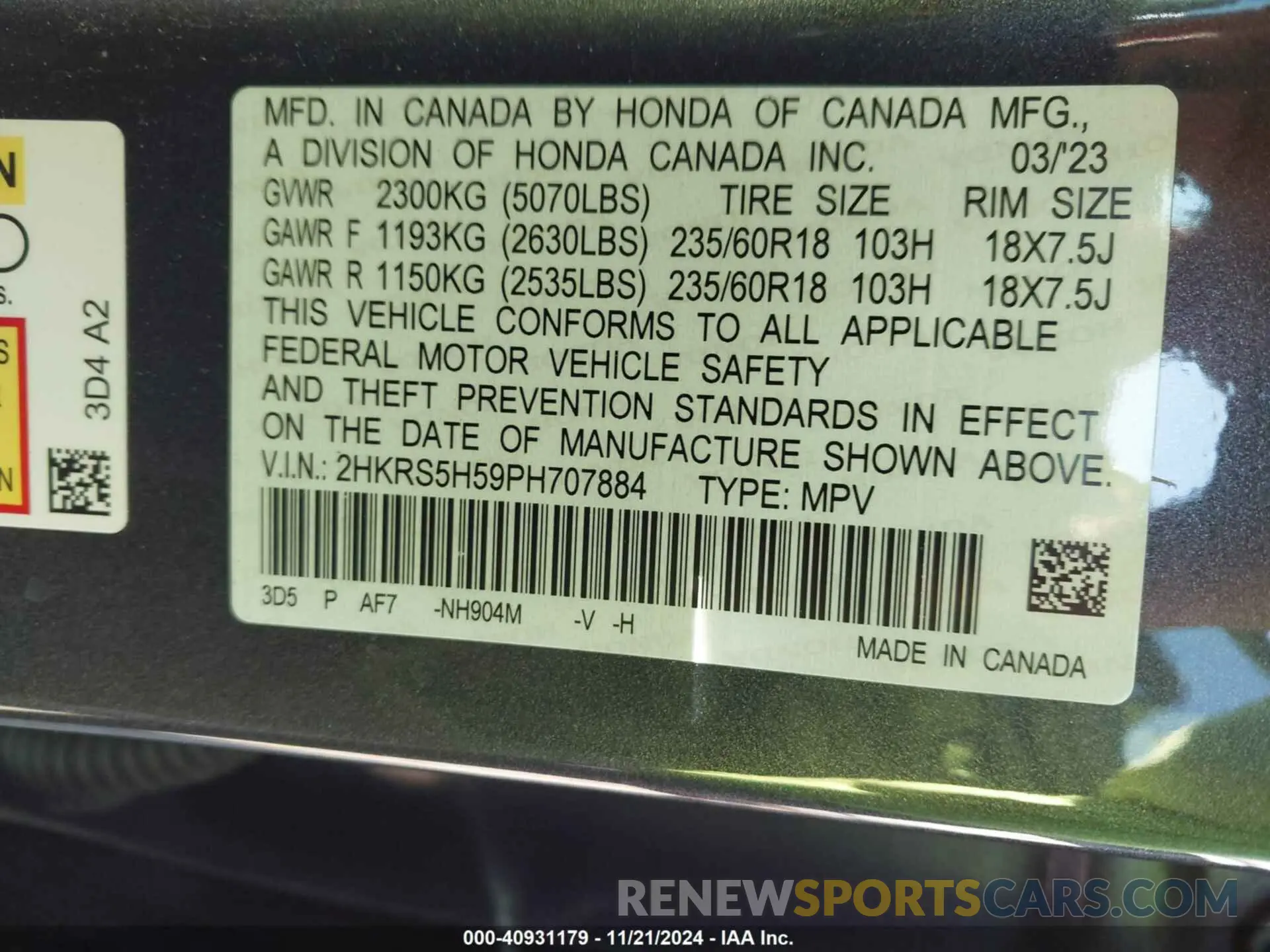 9 fotografías del automóvil dañado 2HKRS5H59PH707884 HONDA CR-V 2023