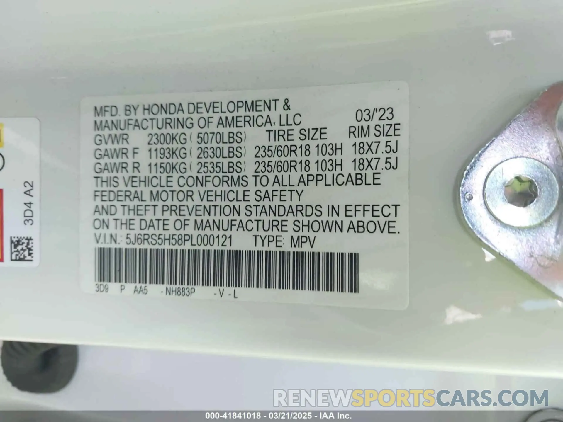 9 fotografías del automóvil dañado 5J6RS5H58PL000121 HONDA CR-V 2023