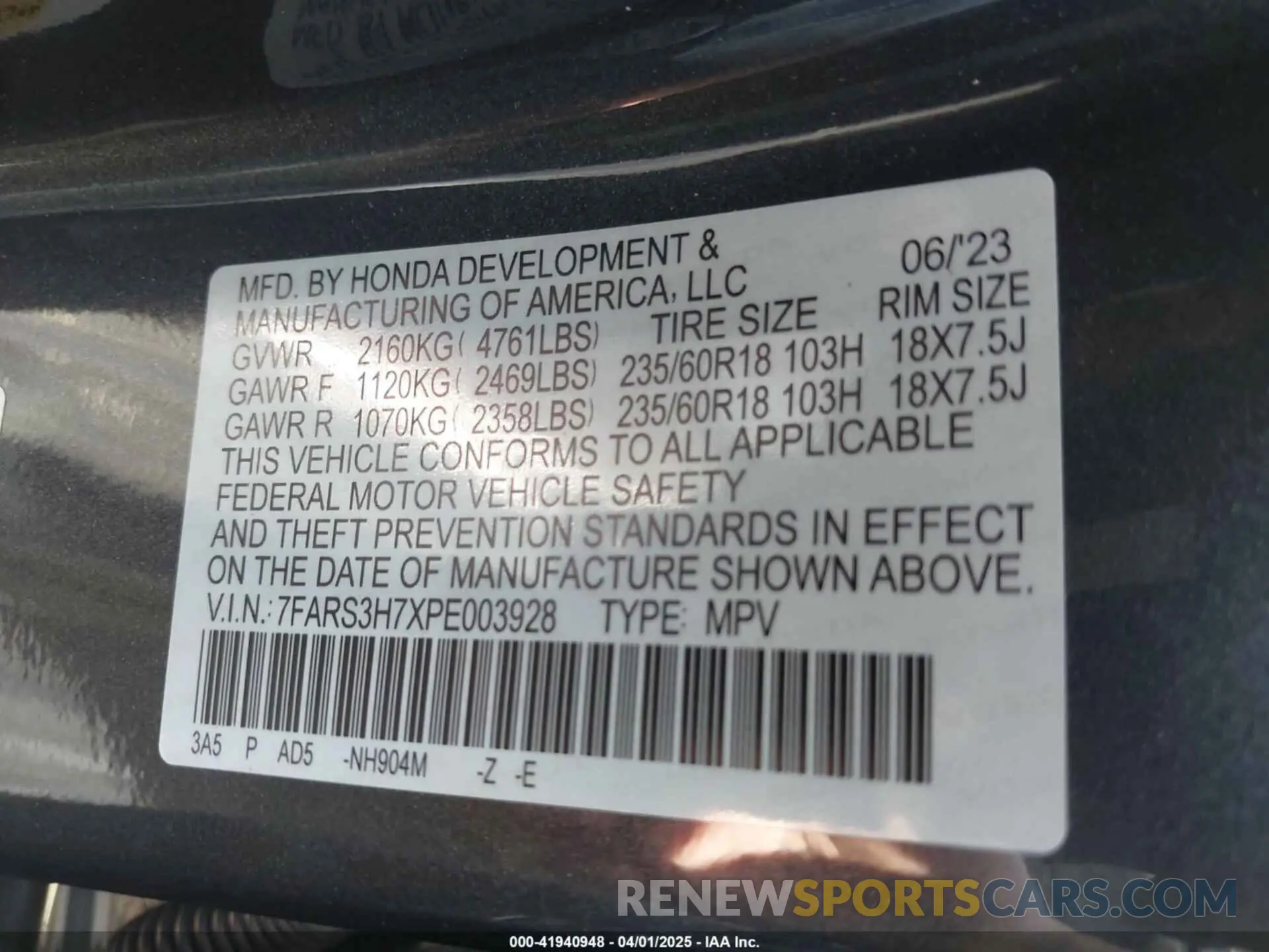 9 fotografías del automóvil dañado 7FARS3H7XPE003928 HONDA CR-V 2023