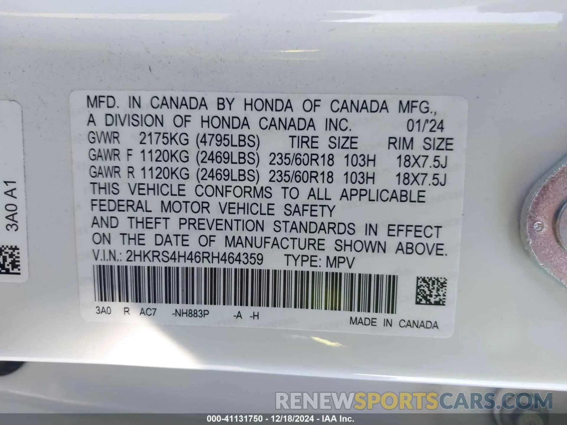 9 fotografías del automóvil dañado 2HKRS4H46RH464359 HONDA CR-V 2024