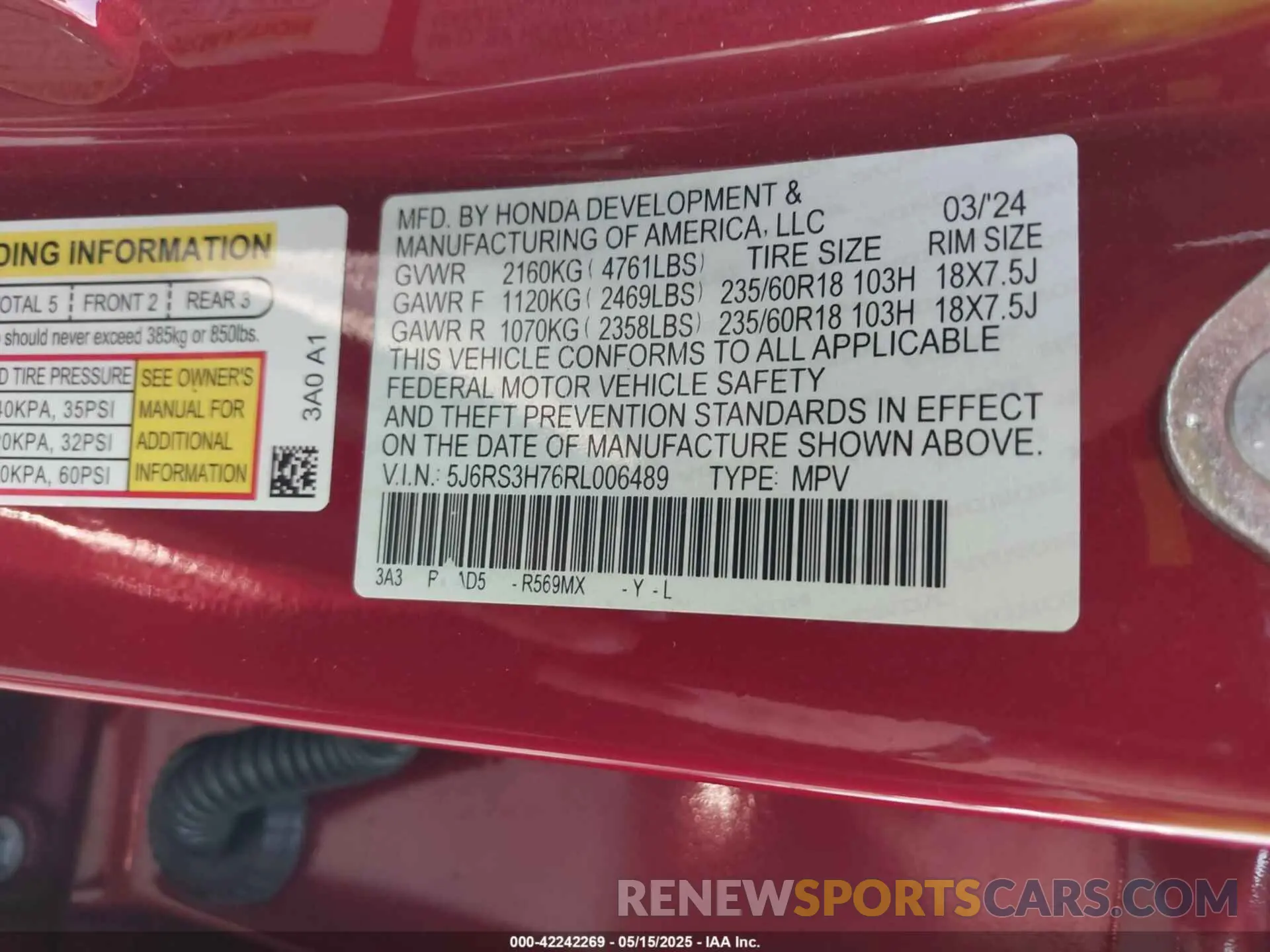 9 fotografías del automóvil dañado 5J6RS3H76RL006489 HONDA CR-V 2024